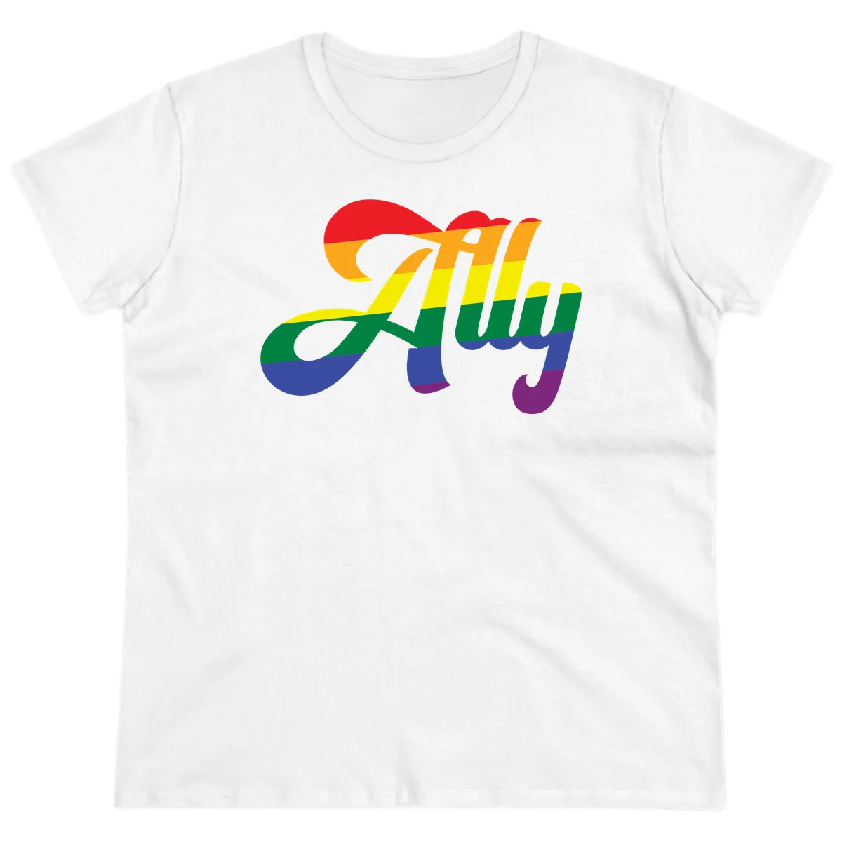 Rainbow pride joy design with striped cursive lettering and colorful sun motif in White