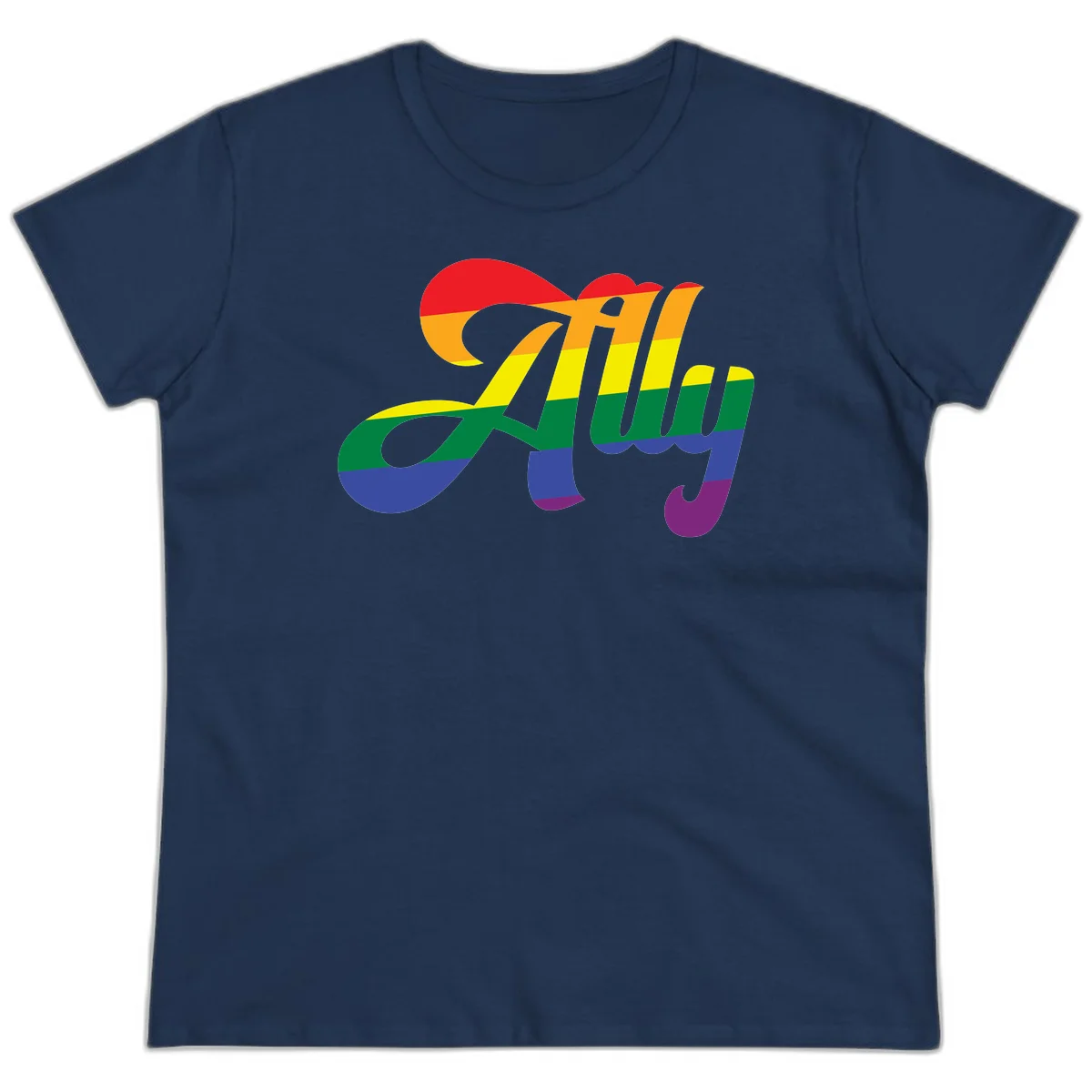 Rainbow pride joy design with striped cursive lettering and colorful sun motif in Navy