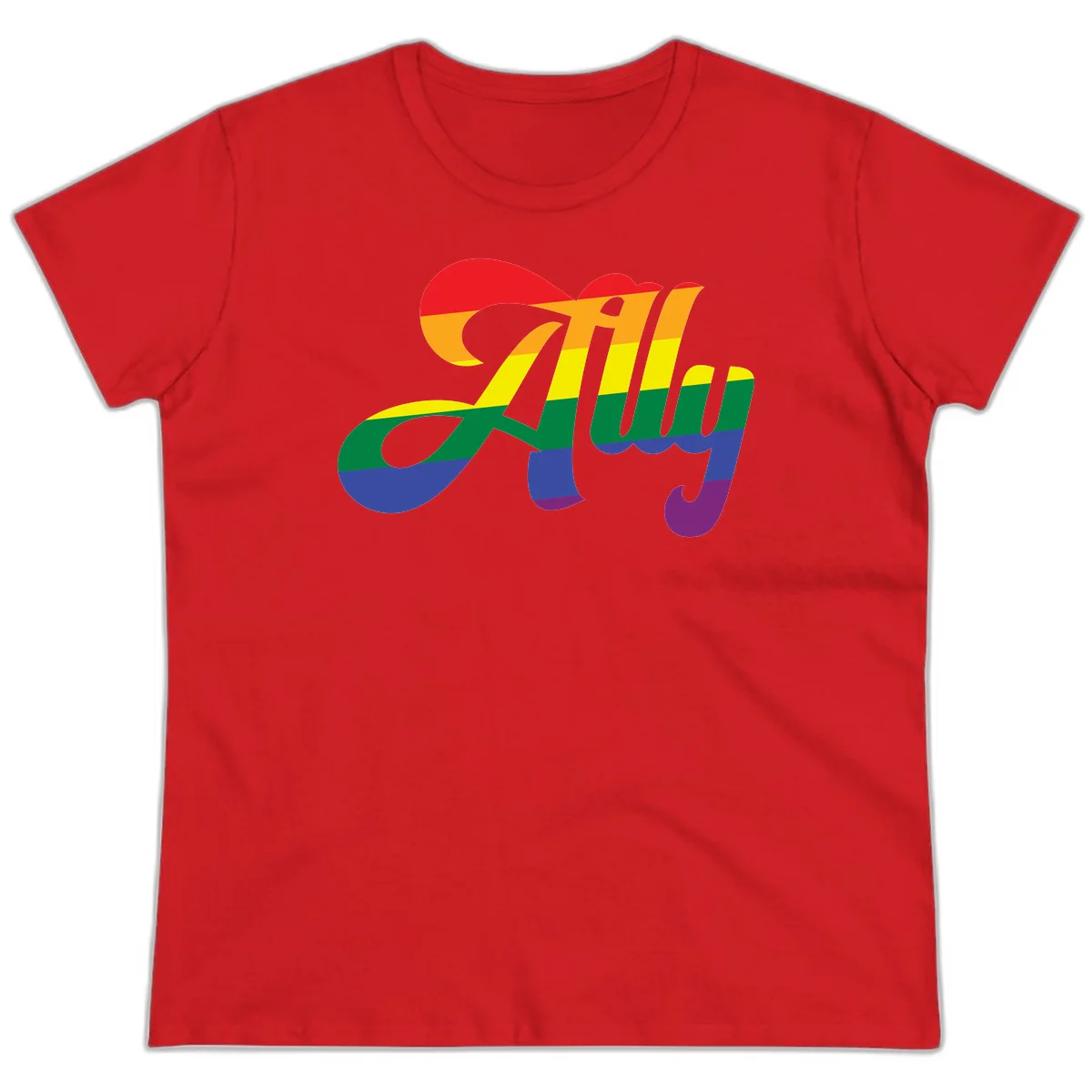 Rainbow pride joy design with striped cursive lettering and colorful sun motif in Red