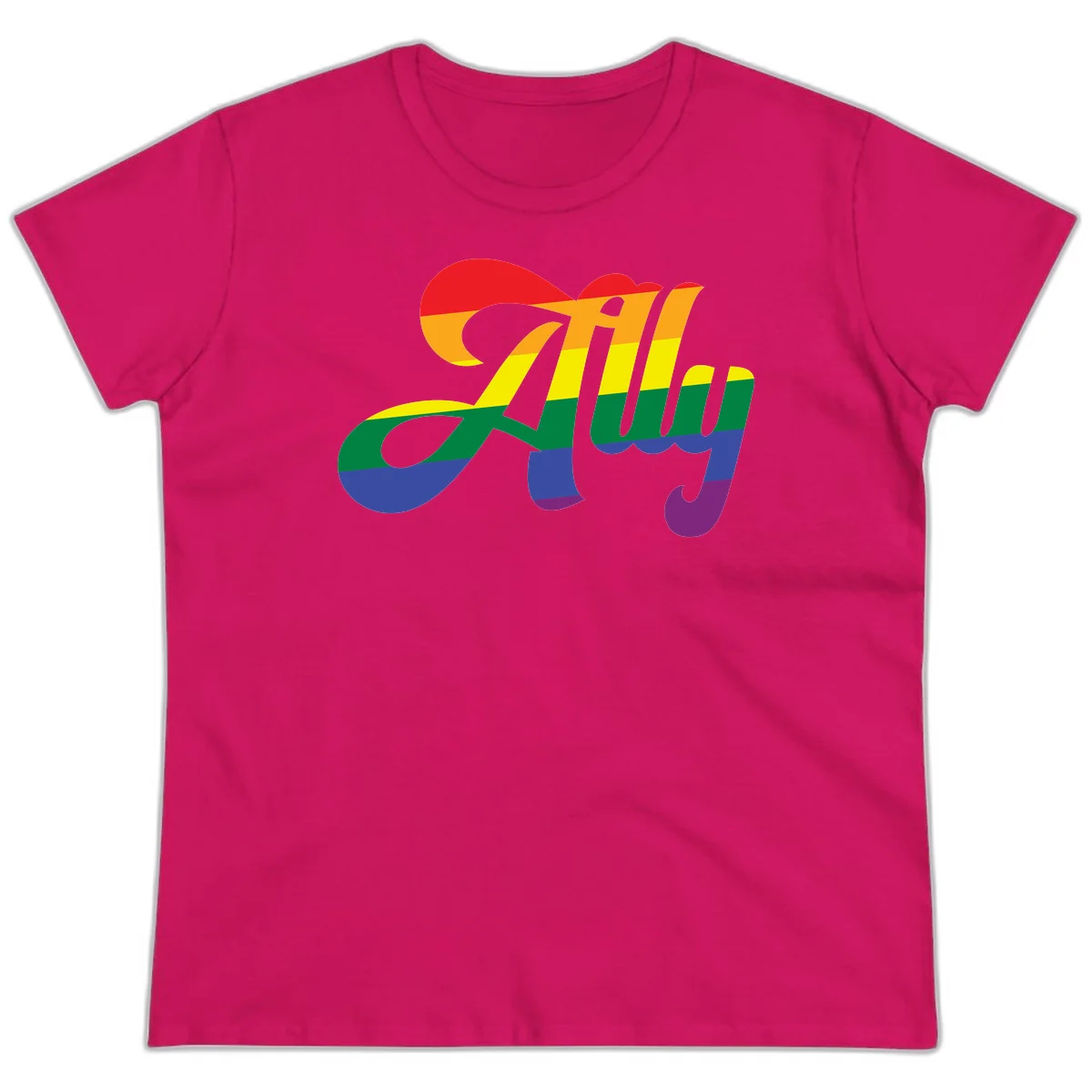 Rainbow pride joy design with striped cursive lettering and colorful sun motif in Heliconia