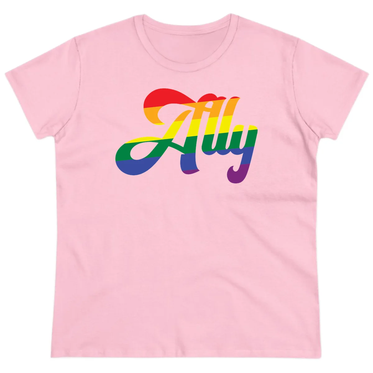 Rainbow pride joy design with striped cursive lettering and colorful sun motif in Light Pink