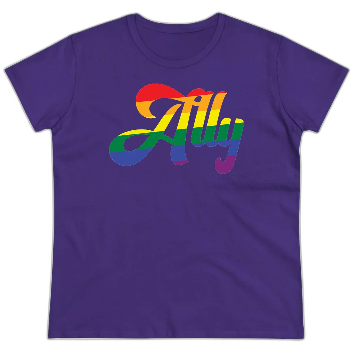 Rainbow pride joy design with striped cursive lettering and colorful sun motif in Purple
