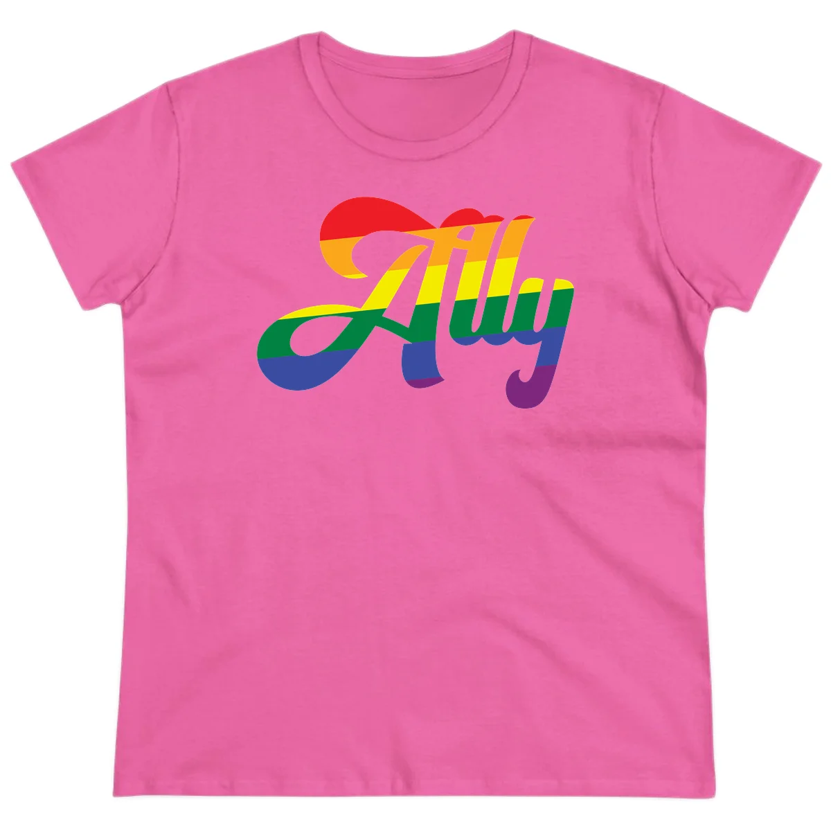 Rainbow pride joy design with striped cursive lettering and colorful sun motif in Azalea