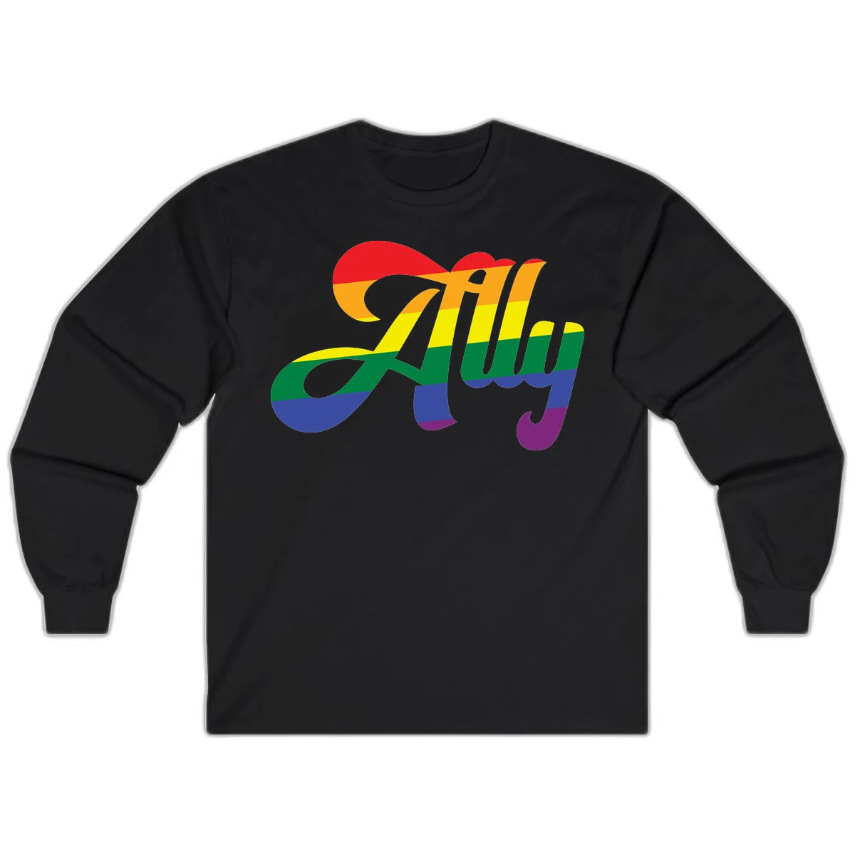 Rainbow pride joy design with striped cursive lettering and colorful sun motif in Black