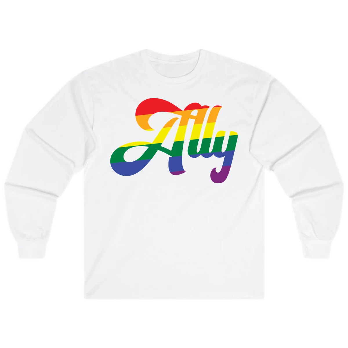 Rainbow pride joy design with striped cursive lettering and colorful sun motif in White