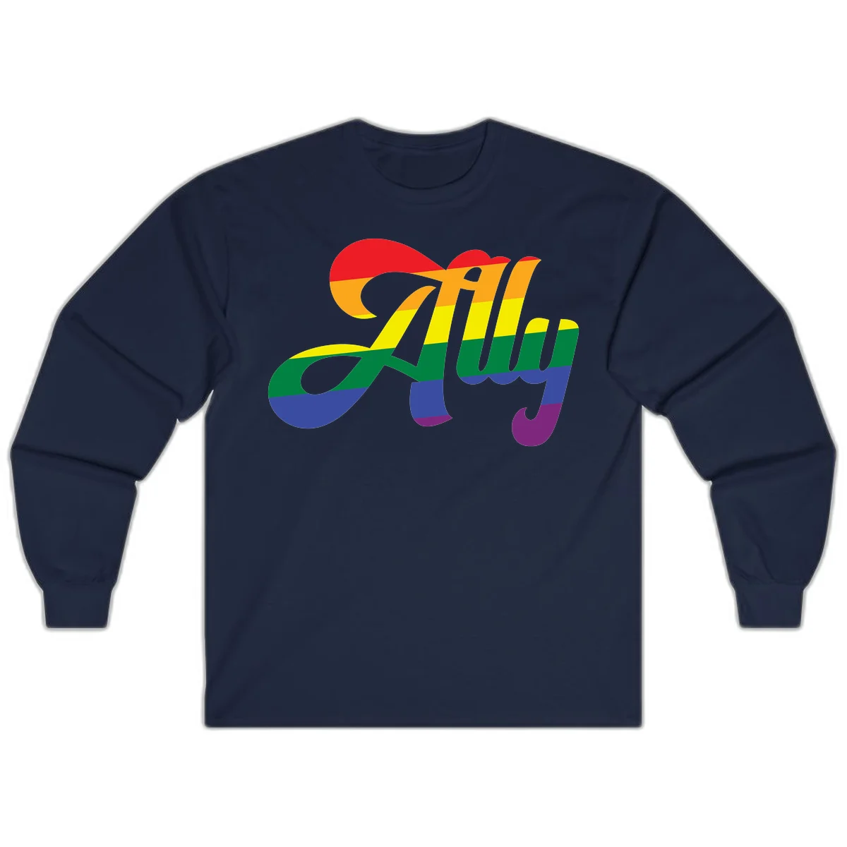 Rainbow pride joy design with striped cursive lettering and colorful sun motif in Navy