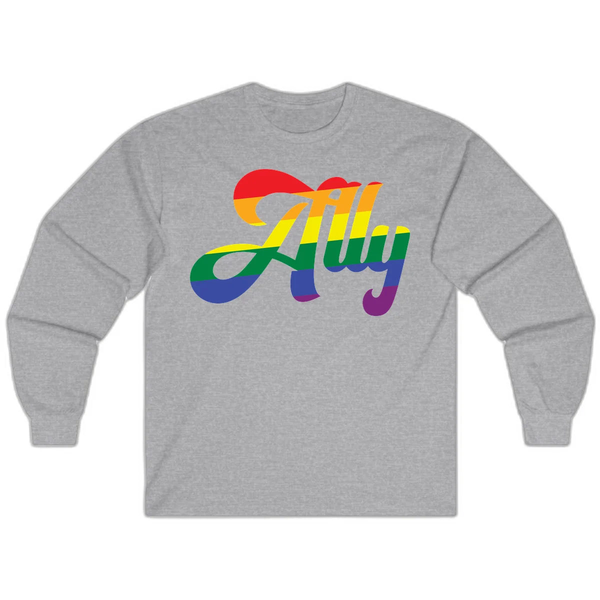 Rainbow pride joy design with striped cursive lettering and colorful sun motif in Sport Grey