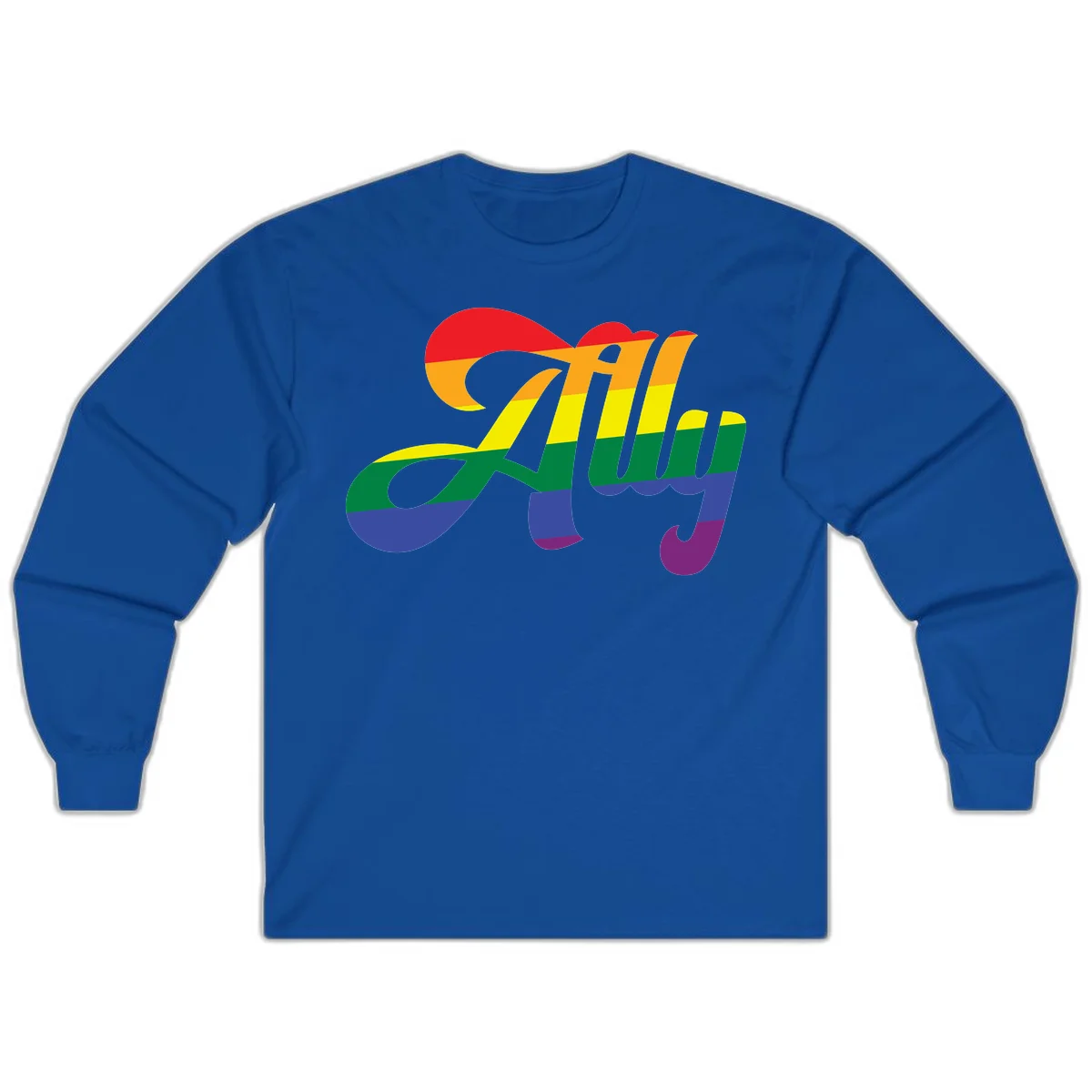 Rainbow pride joy design with striped cursive lettering and colorful sun motif in Royal
