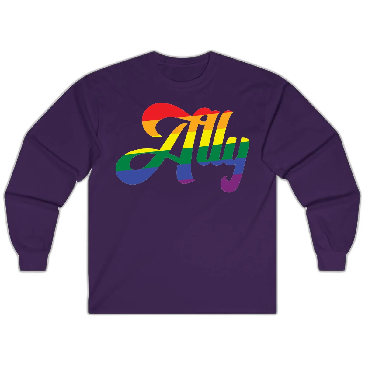 Rainbow pride joy design with striped cursive lettering and colorful sun motif in Purple