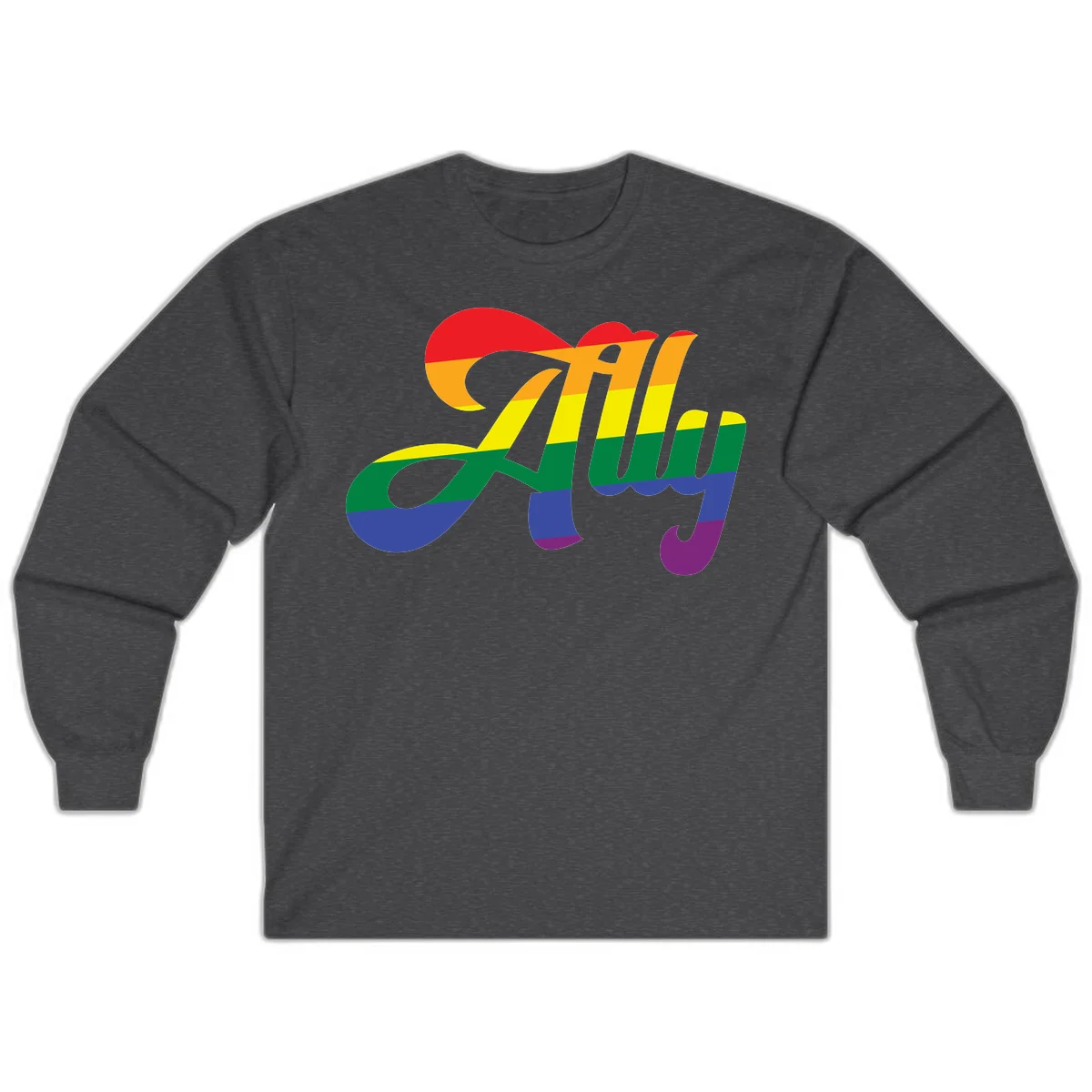 Rainbow pride joy design with striped cursive lettering and colorful sun motif in Dark Heather