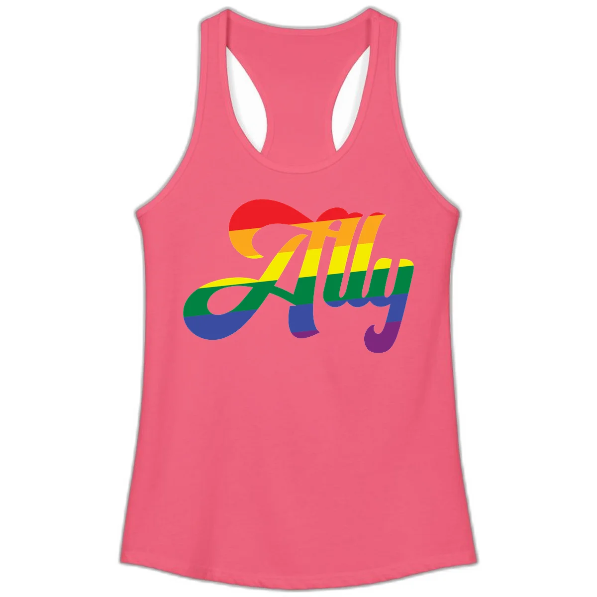 Rainbow pride joy design with striped cursive lettering and colorful sun motif in Hot Pink