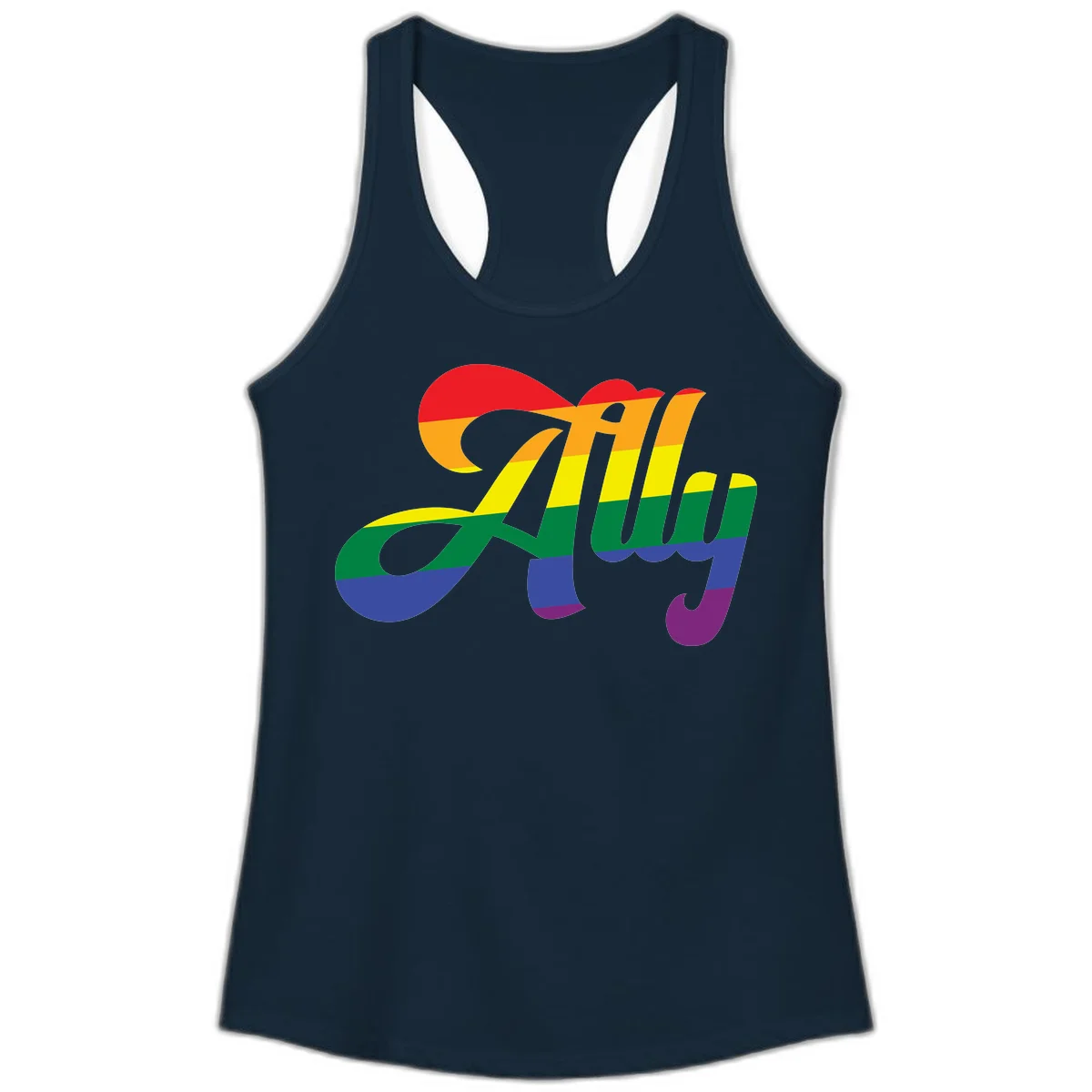 Rainbow pride joy design with striped cursive lettering and colorful sun motif in Solid Midnight Navy