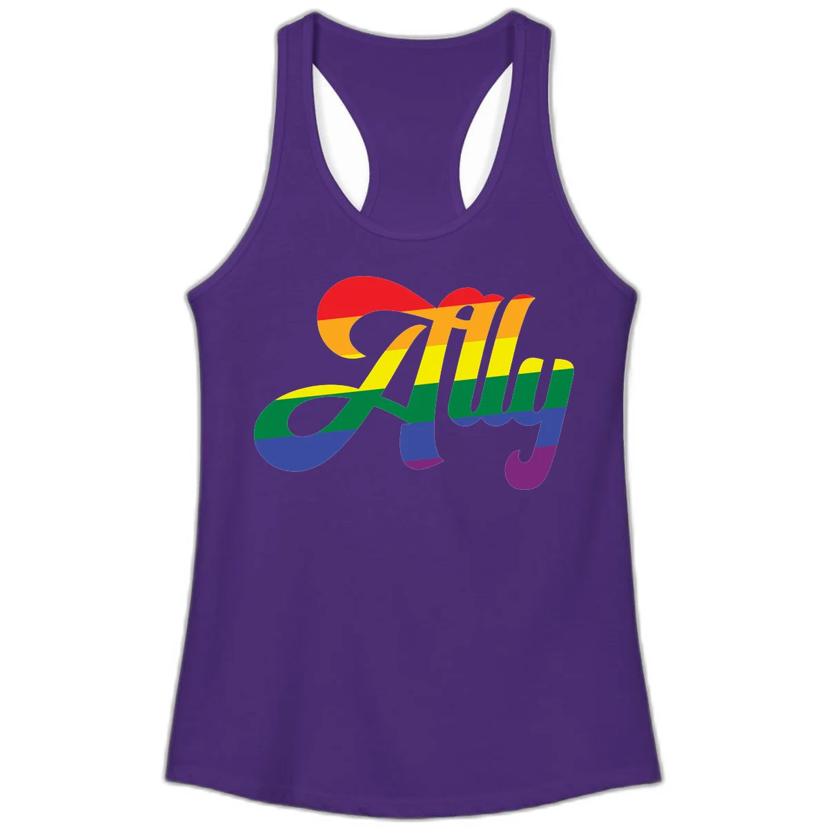 Rainbow pride joy design with striped cursive lettering and colorful sun motif in Solid Purple Rush