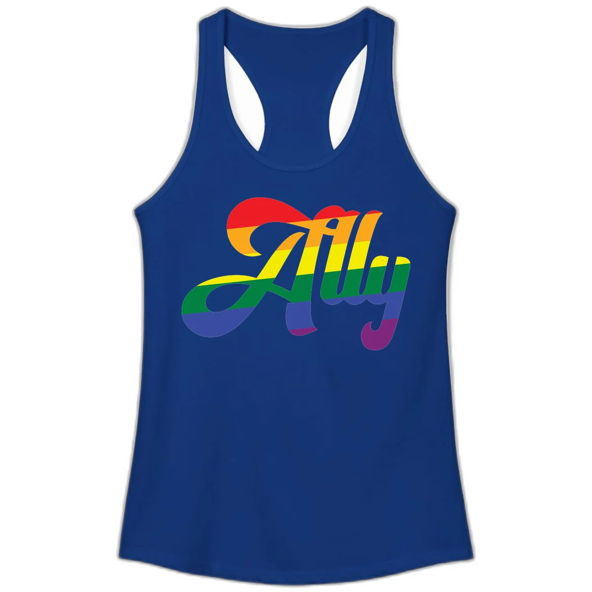 Rainbow pride joy design with striped cursive lettering and colorful sun motif in Solid Royal