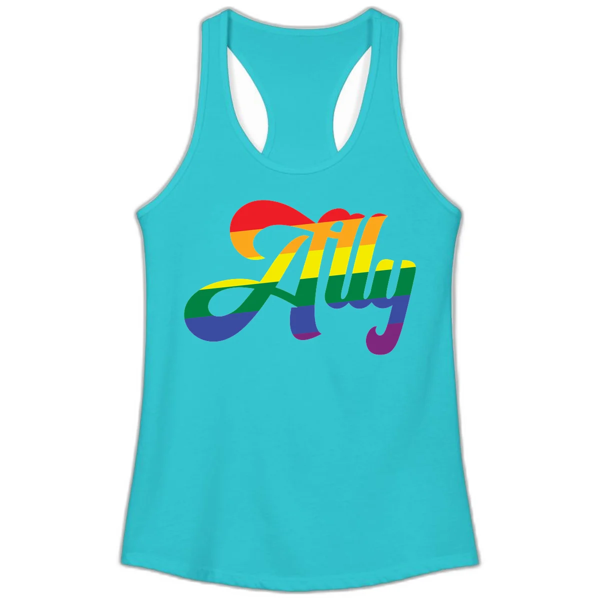 Rainbow pride joy design with striped cursive lettering and colorful sun motif in Solid Tahiti Blue