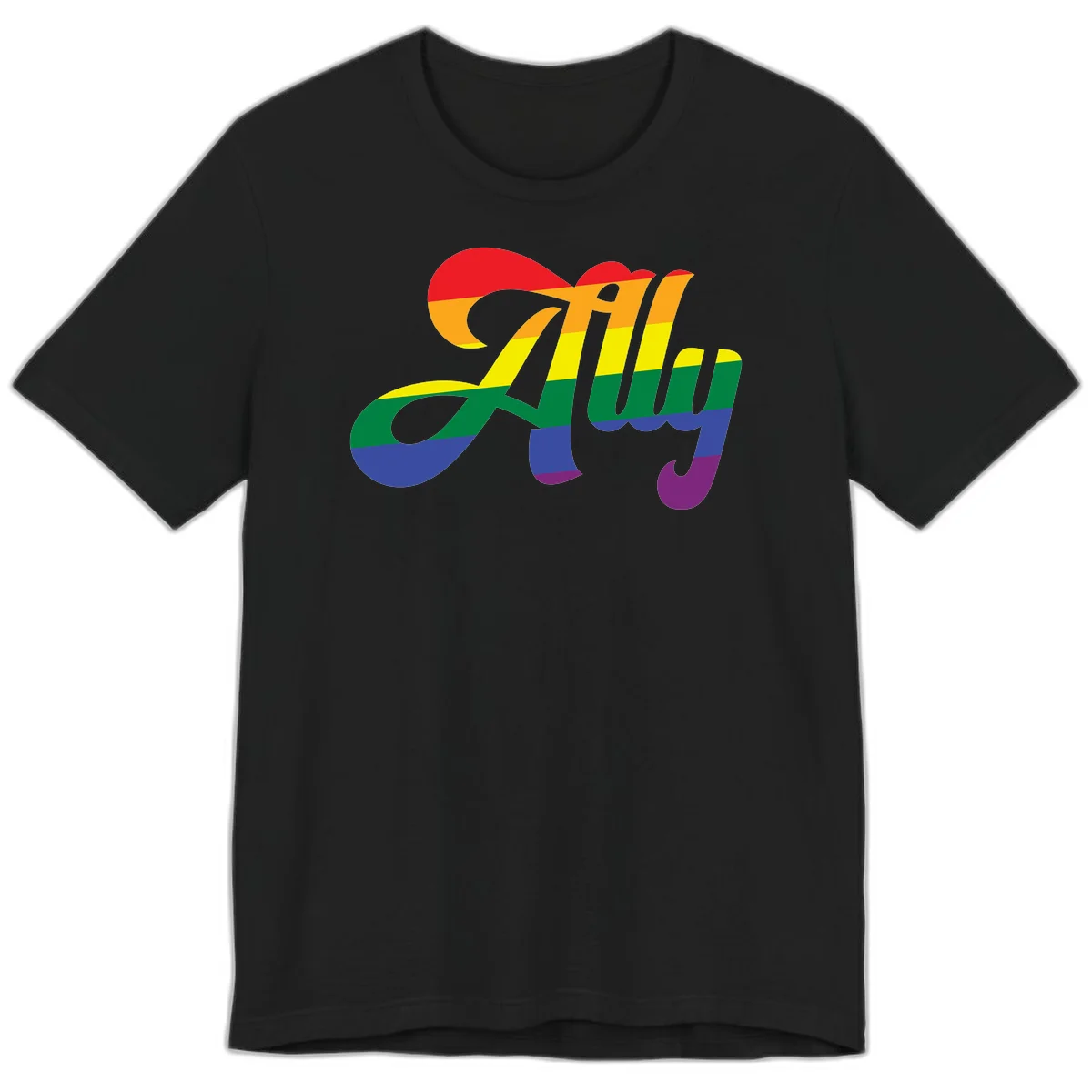 Rainbow pride joy design with striped cursive lettering and colorful sun motif in Black
