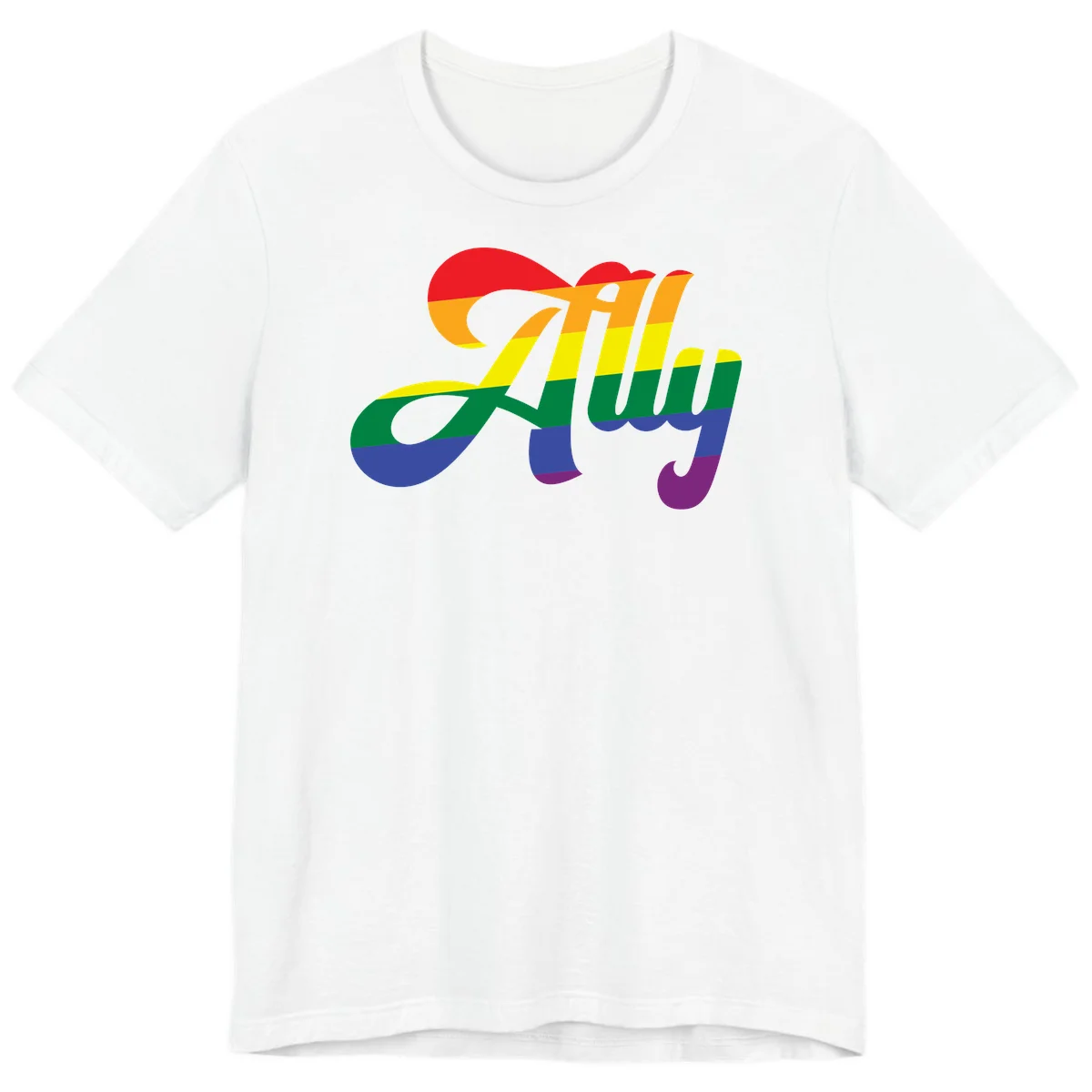Rainbow pride joy design with striped cursive lettering and colorful sun motif in White