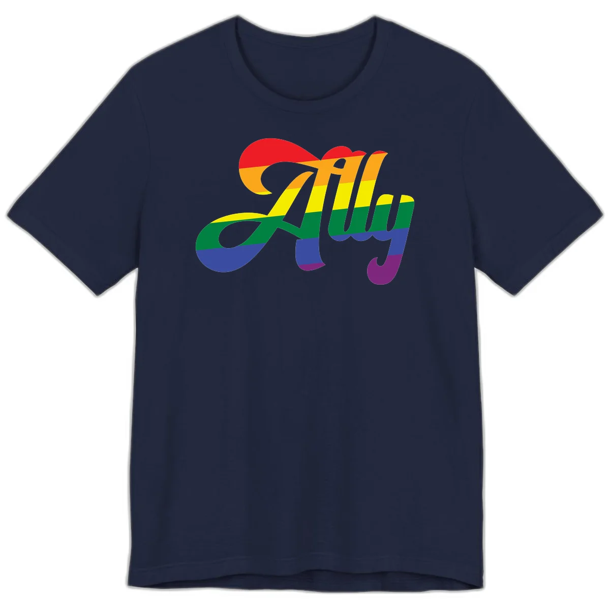 Rainbow pride joy design with striped cursive lettering and colorful sun motif in Navy