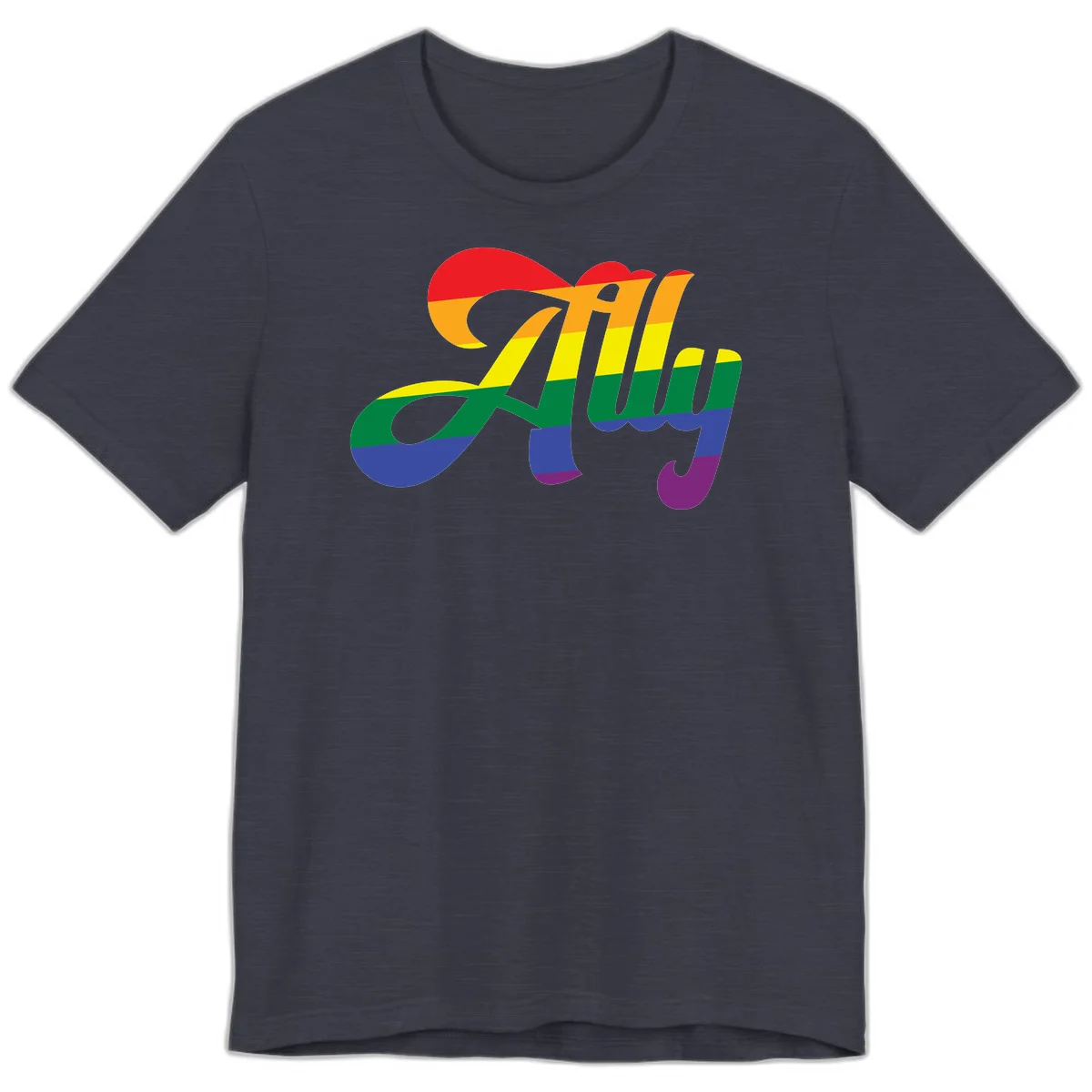 Rainbow pride joy design with striped cursive lettering and colorful sun motif in Heather Midnight Navy