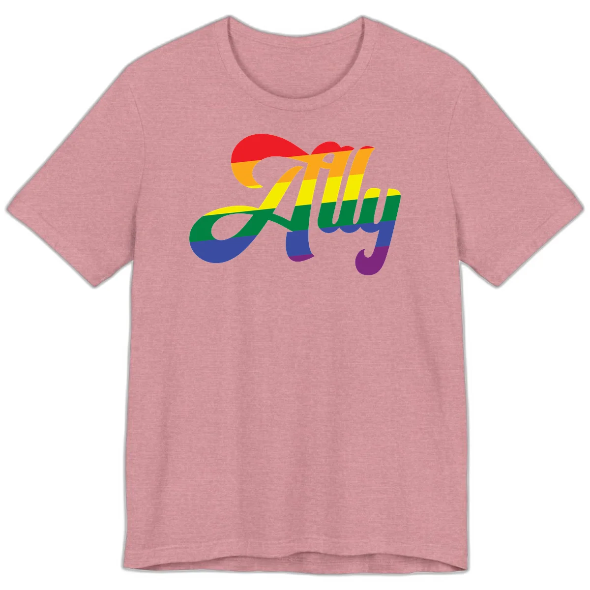 Rainbow pride joy design with striped cursive lettering and colorful sun motif in Heather Orchid