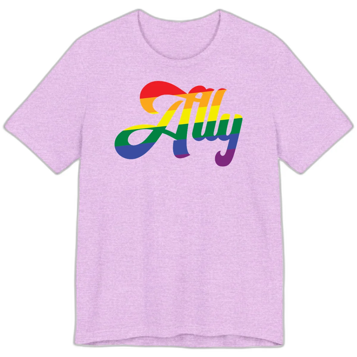 Rainbow pride joy design with striped cursive lettering and colorful sun motif in Heather Prism Lilac