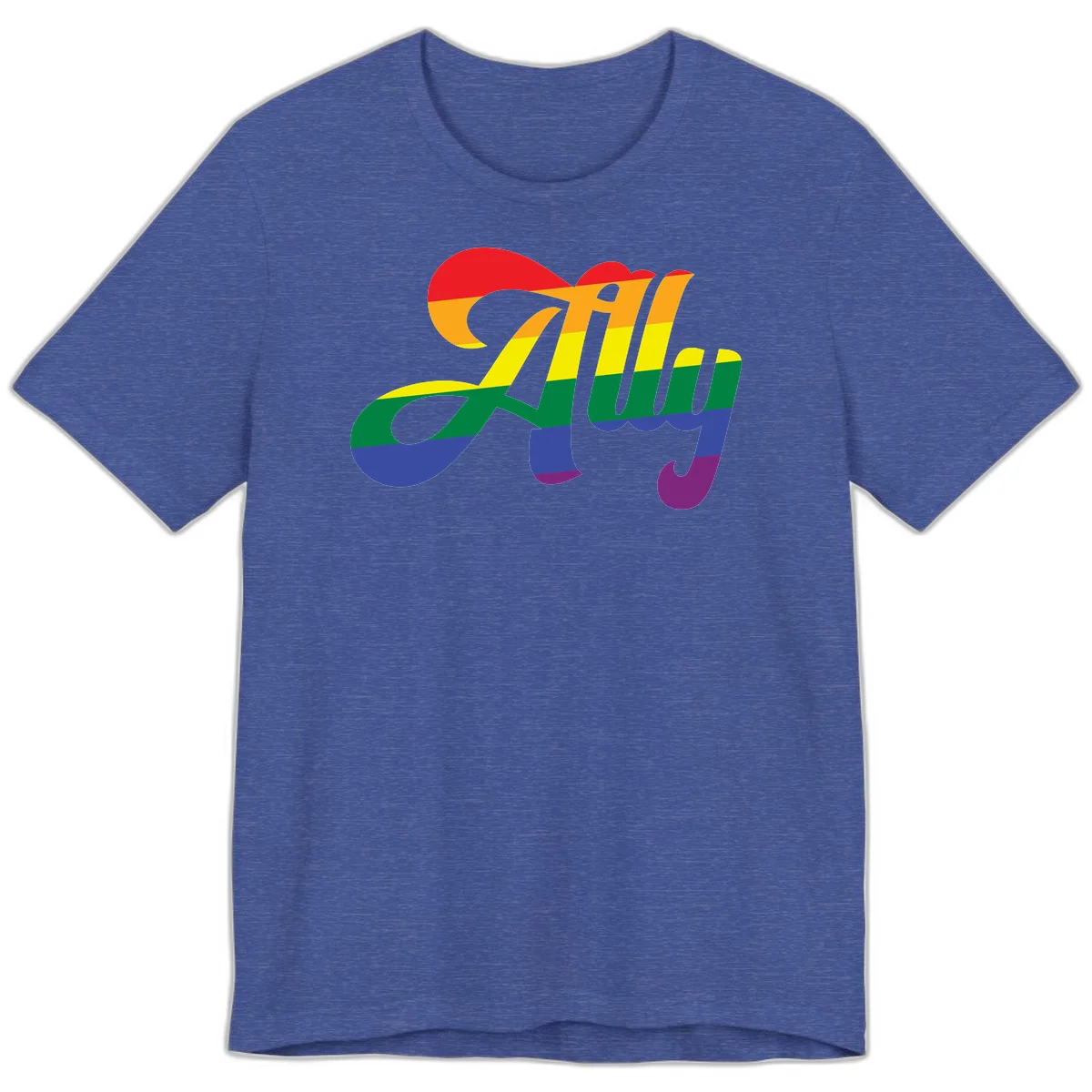 Rainbow pride joy design with striped cursive lettering and colorful sun motif in Heather True Royal
