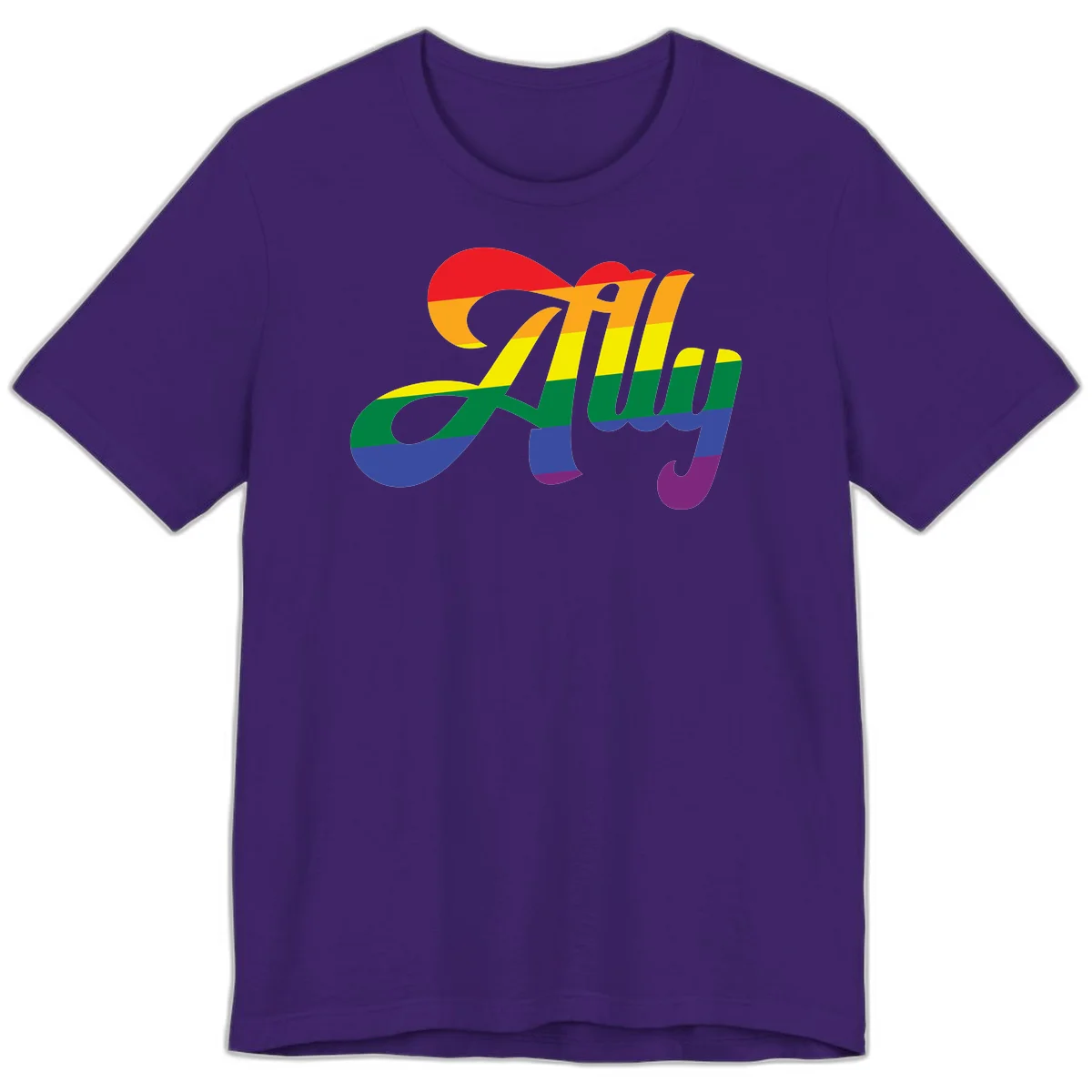 Rainbow pride joy design with striped cursive lettering and colorful sun motif in Team Purple