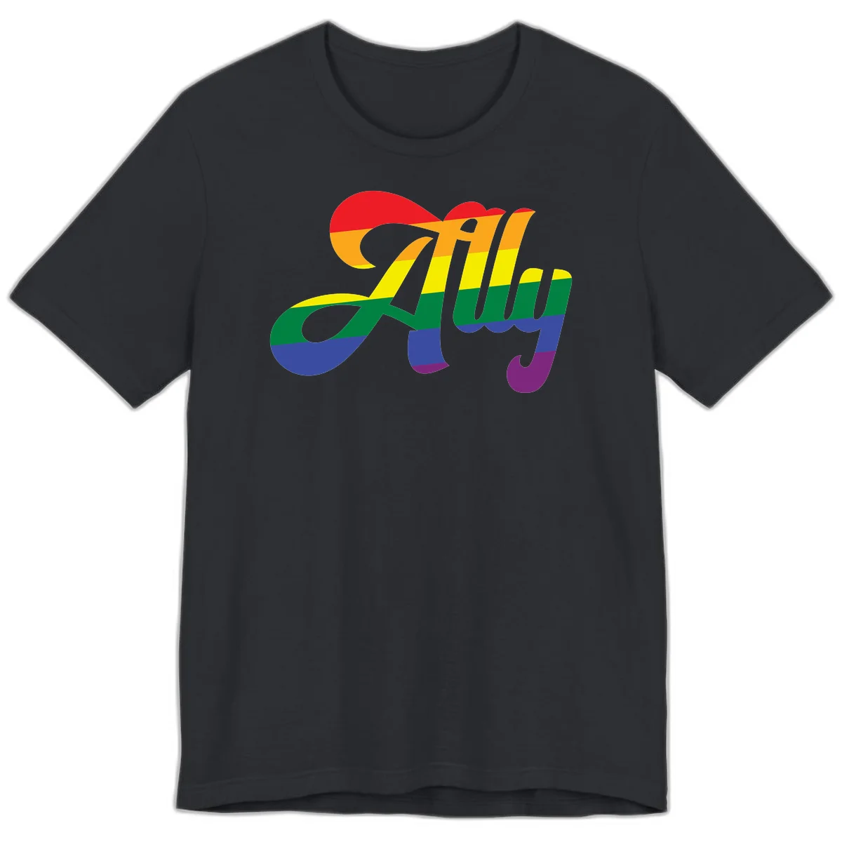 Rainbow pride joy design with striped cursive lettering and colorful sun motif in Vintage Black