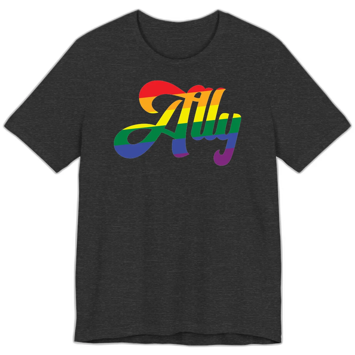 Rainbow pride joy design with striped cursive lettering and colorful sun motif in Dark Grey Heather