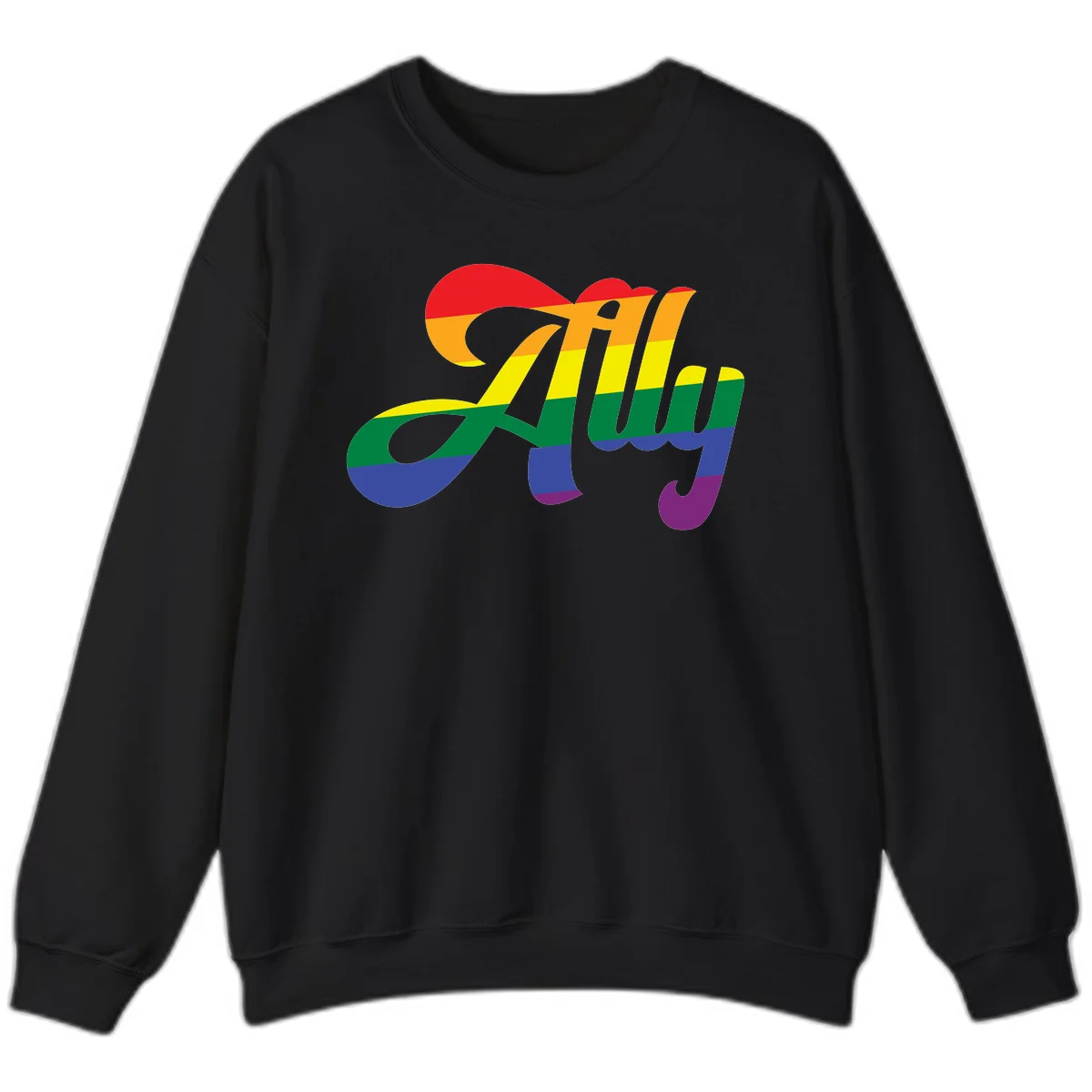 Rainbow pride joy design with striped cursive lettering and colorful sun motif in Black