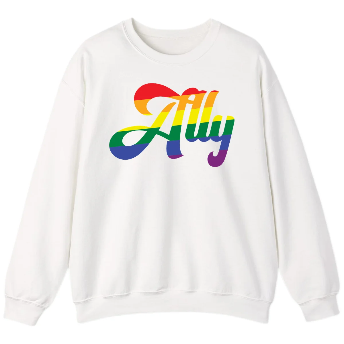 Rainbow pride joy design with striped cursive lettering and colorful sun motif in White