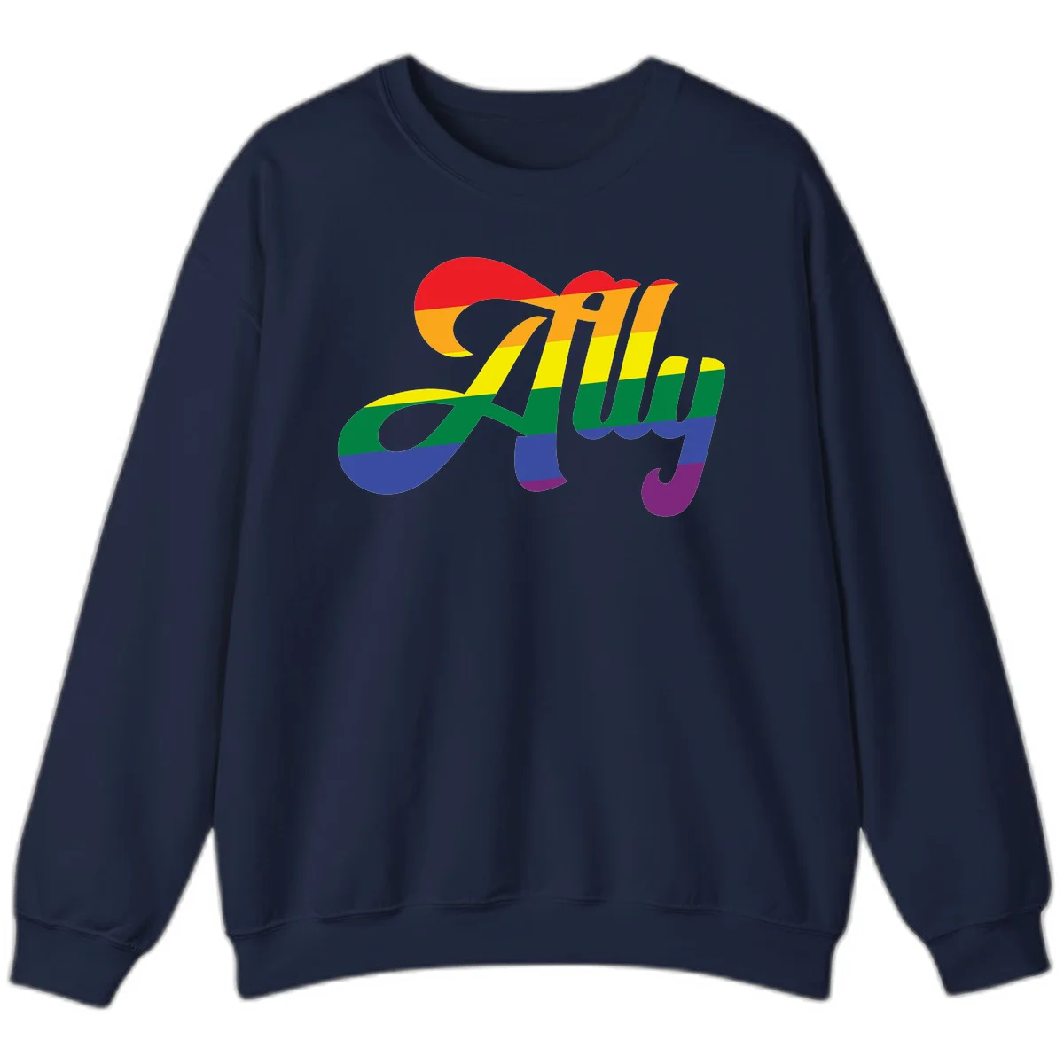 Rainbow pride joy design with striped cursive lettering and colorful sun motif in Navy