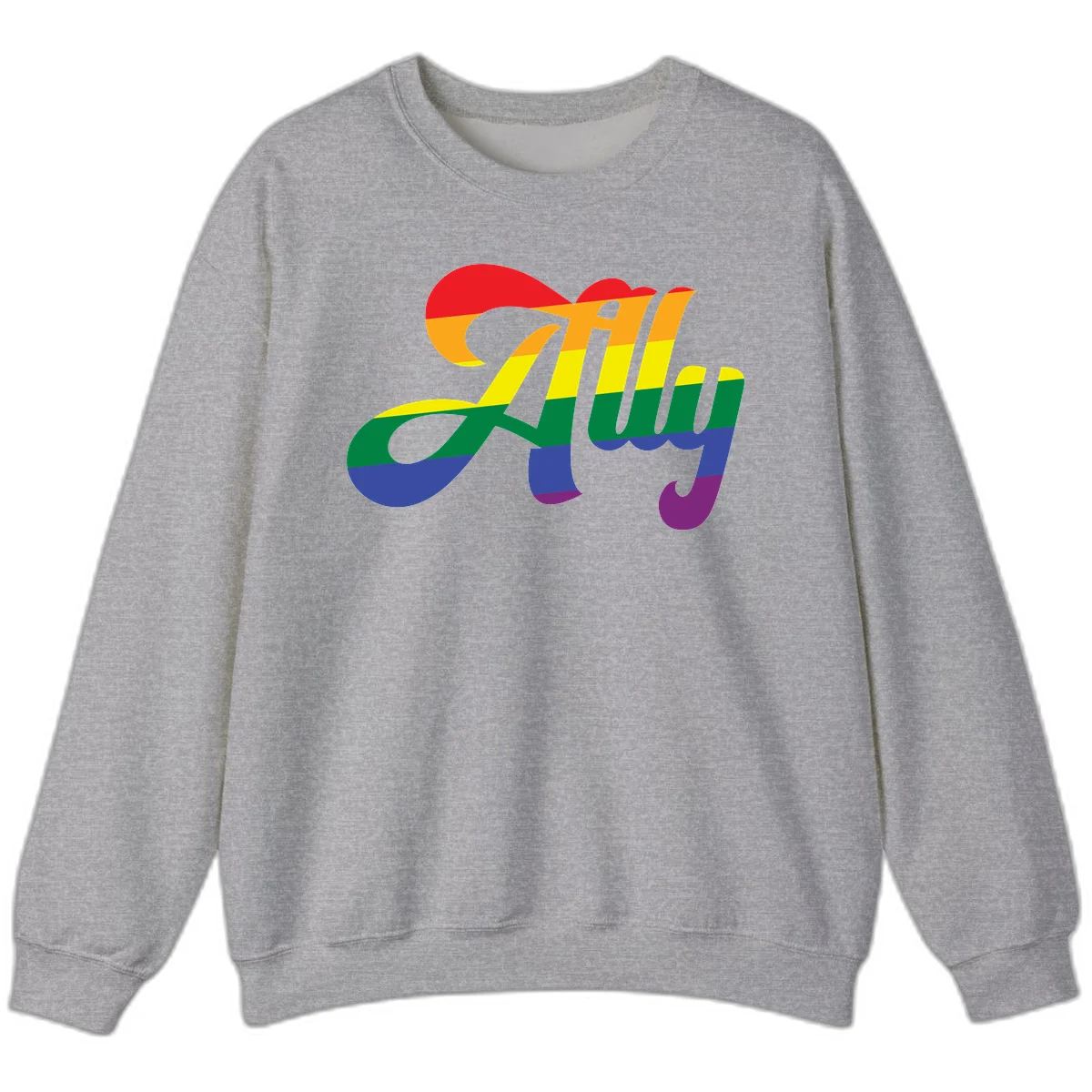 Rainbow pride joy design with striped cursive lettering and colorful sun motif in Sport Grey