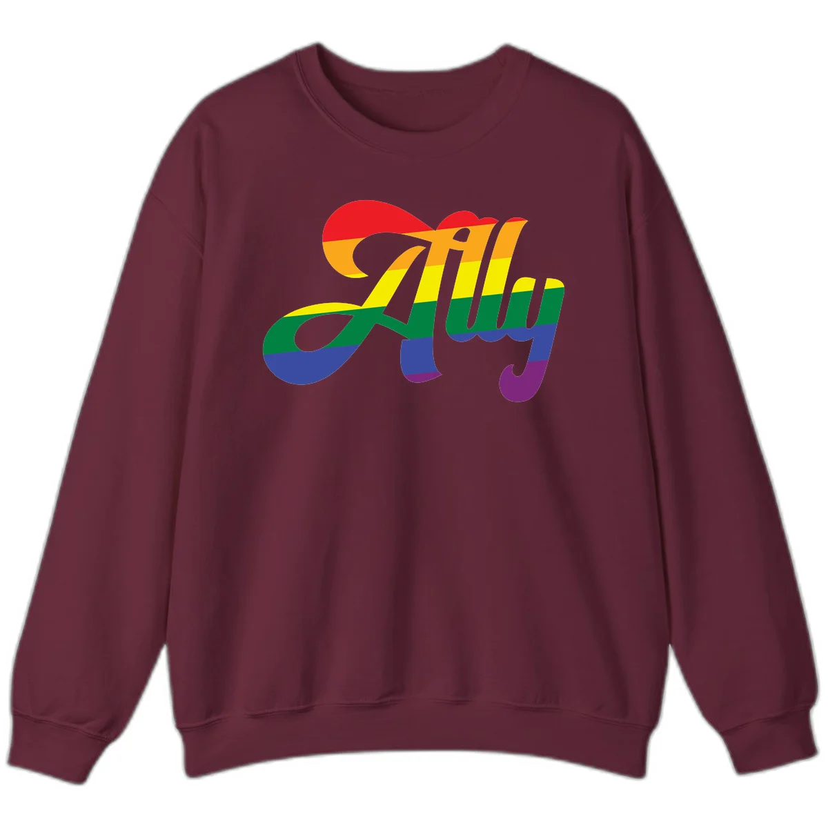 Rainbow pride joy design with striped cursive lettering and colorful sun motif in Maroon