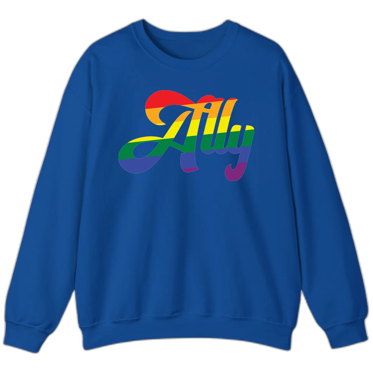 Rainbow pride joy design with striped cursive lettering and colorful sun motif in Royal