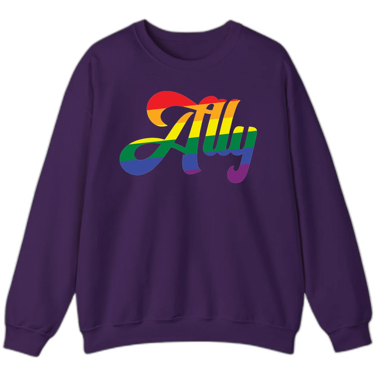 Rainbow pride joy design with striped cursive lettering and colorful sun motif in Purple