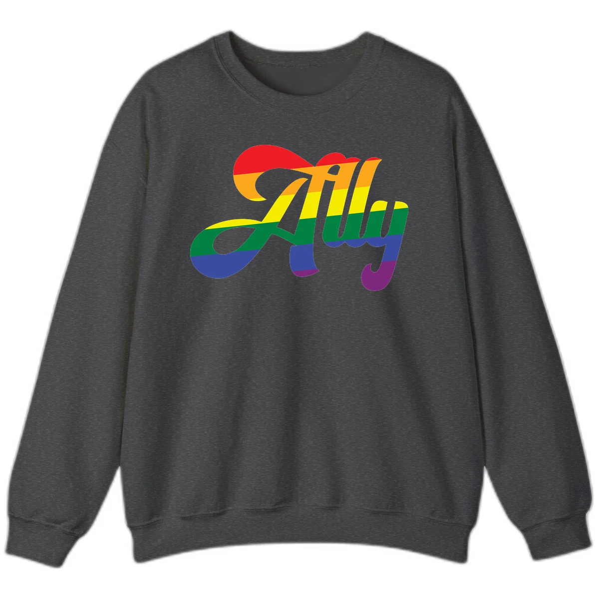 Rainbow pride joy design with striped cursive lettering and colorful sun motif in Dark Heather