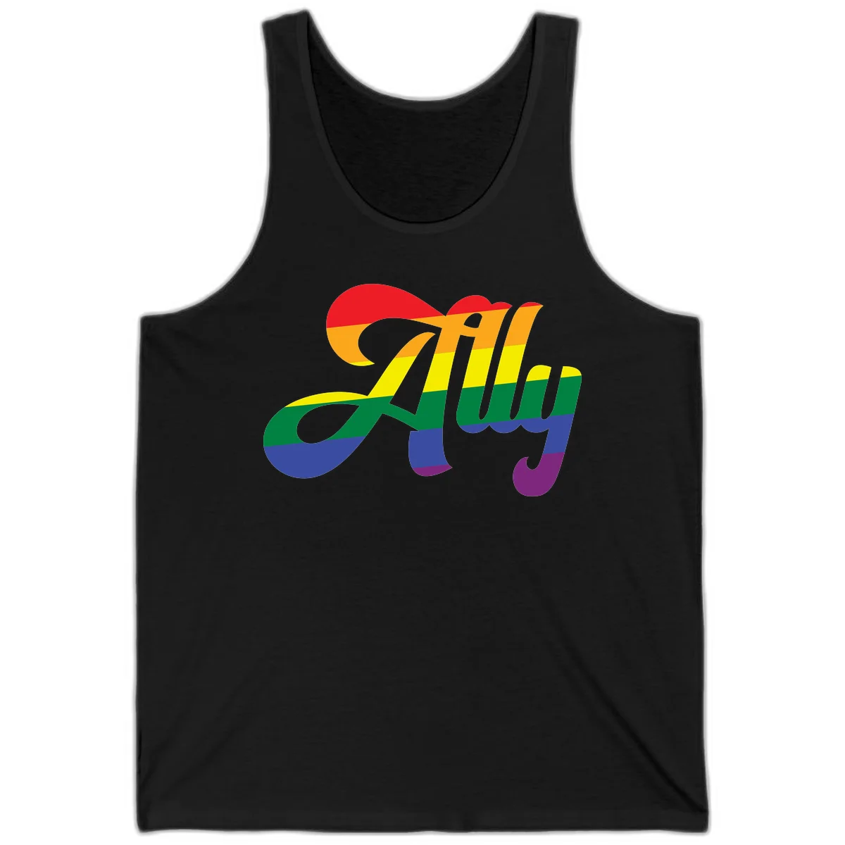 Rainbow pride joy design with striped cursive lettering and colorful sun motif in Black