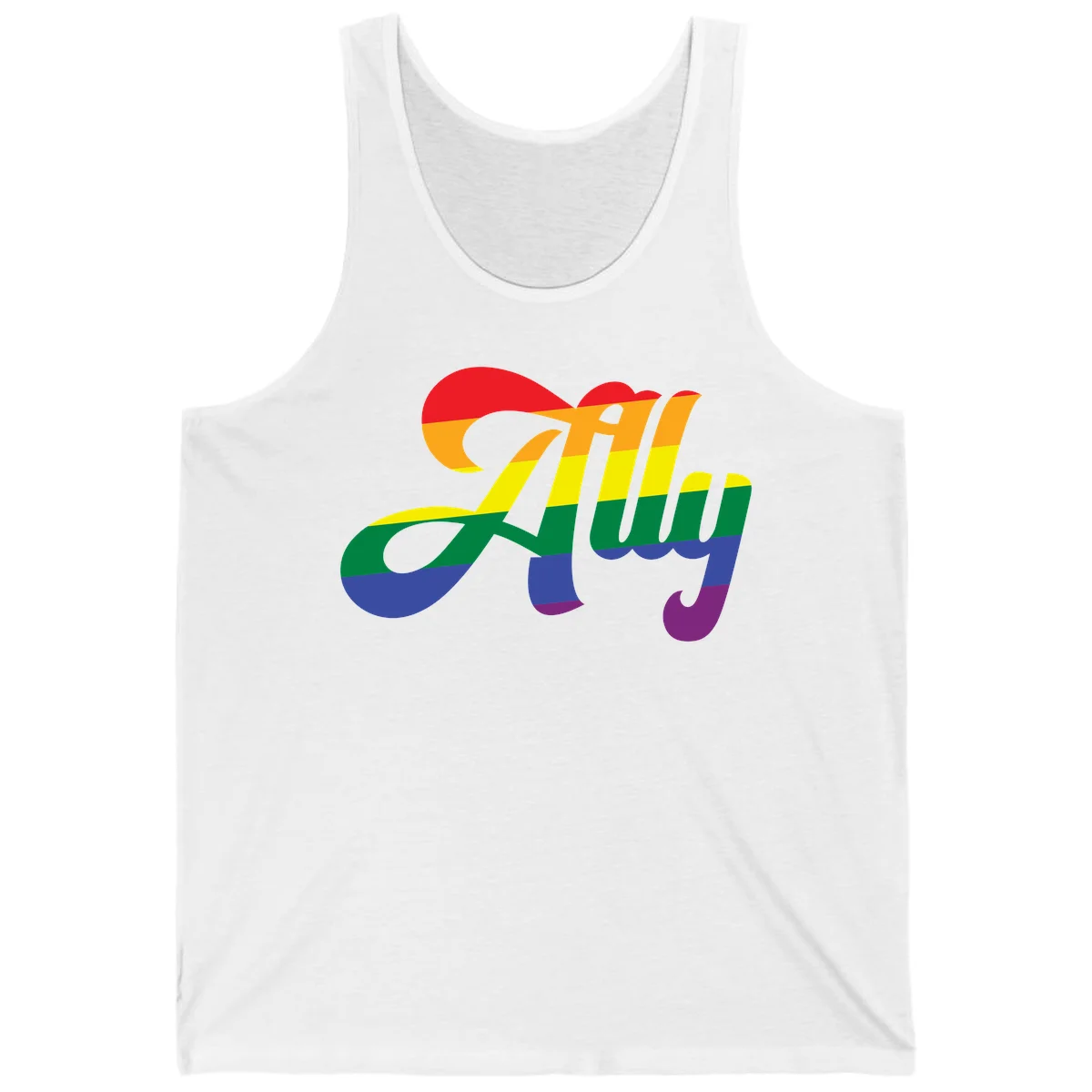 Rainbow pride joy design with striped cursive lettering and colorful sun motif in White