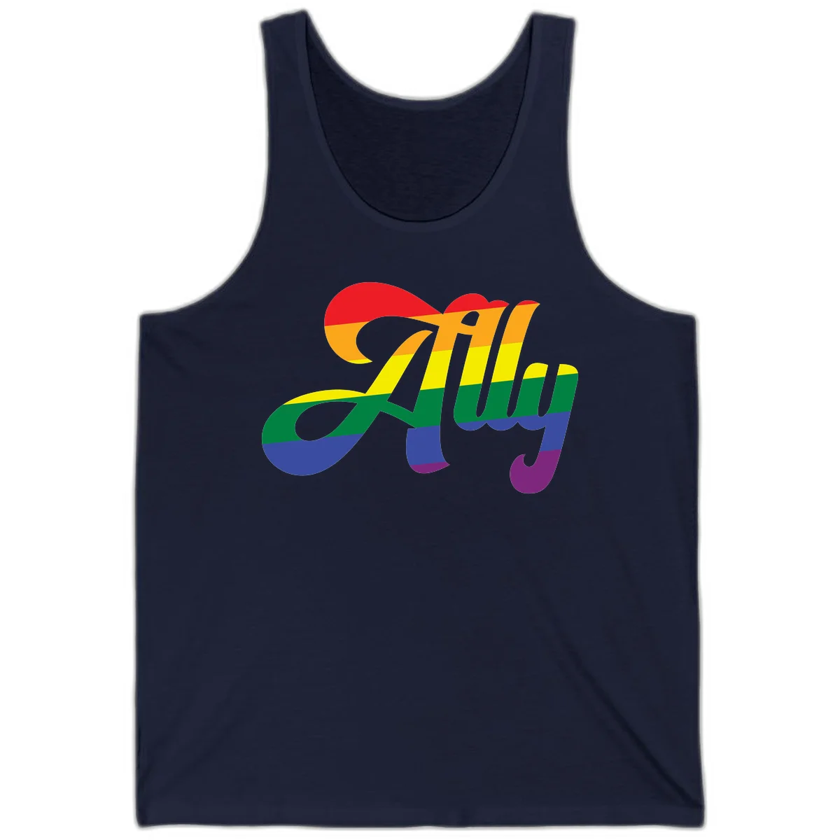 Rainbow pride joy design with striped cursive lettering and colorful sun motif in Navy