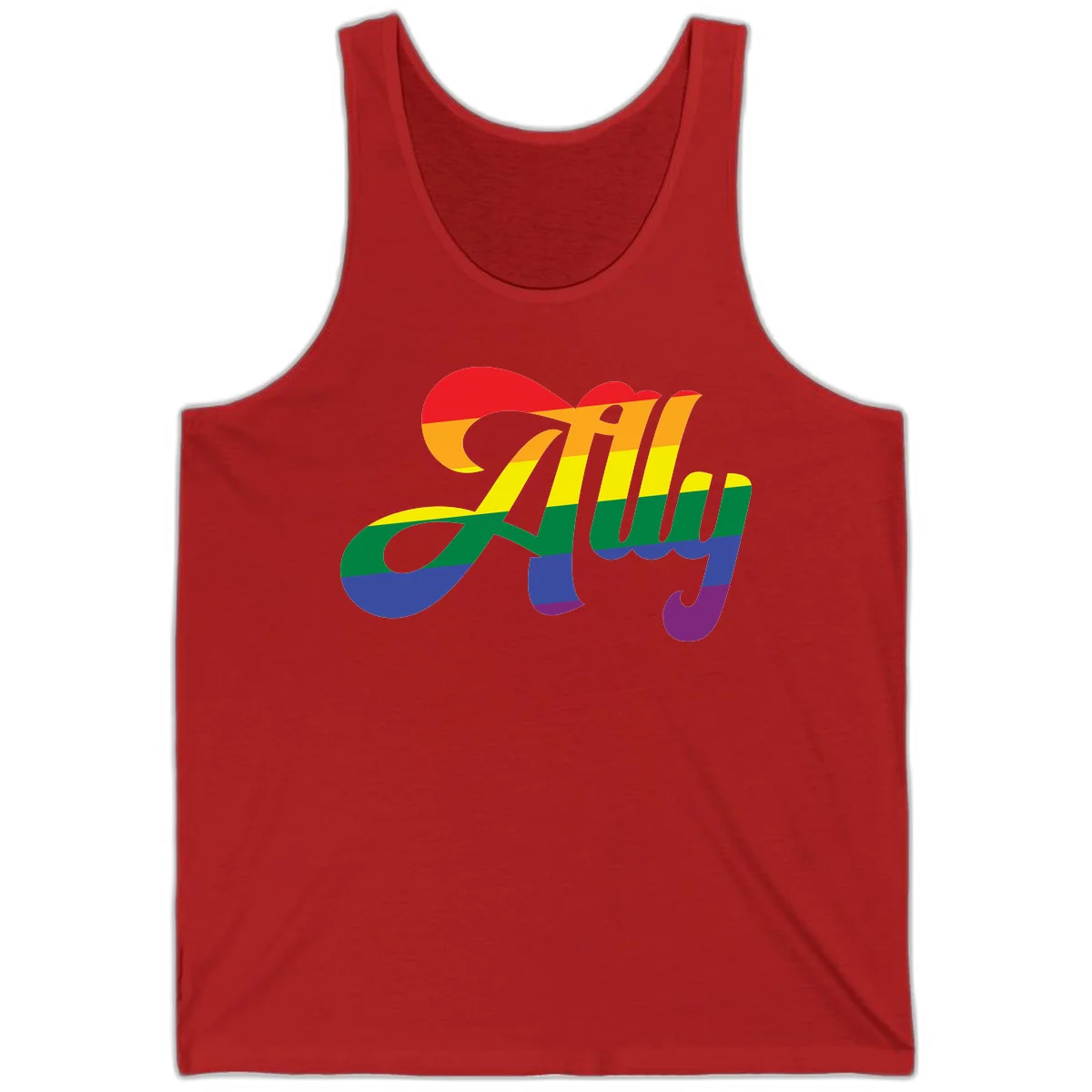 Rainbow pride joy design with striped cursive lettering and colorful sun motif in Red