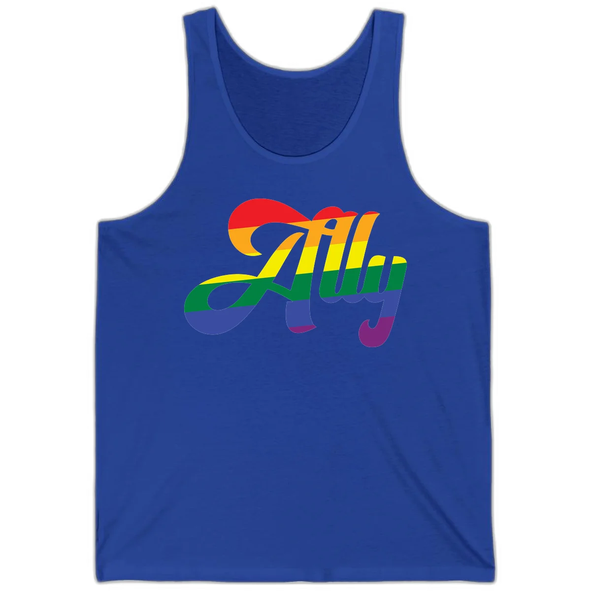 Rainbow pride joy design with striped cursive lettering and colorful sun motif in True Royal
