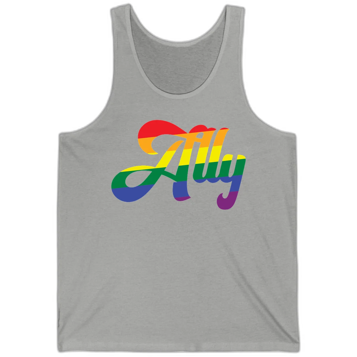 Rainbow pride joy design with striped cursive lettering and colorful sun motif in Athletic Heather