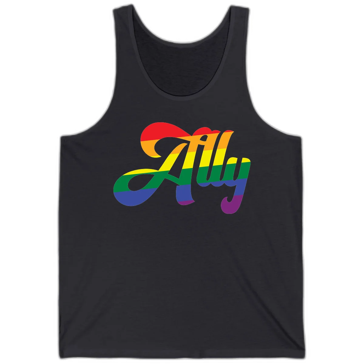 Rainbow pride joy design with striped cursive lettering and colorful sun motif in Dark Grey