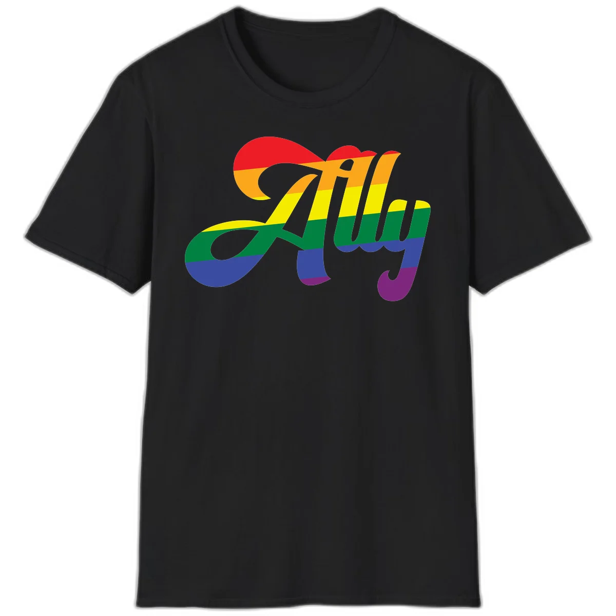 Rainbow pride joy design with striped cursive lettering and colorful sun motif in Black