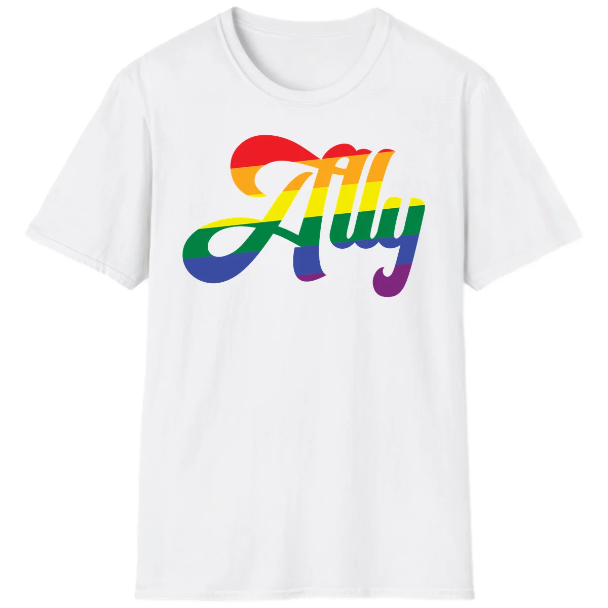 Rainbow pride joy design with striped cursive lettering and colorful sun motif in White