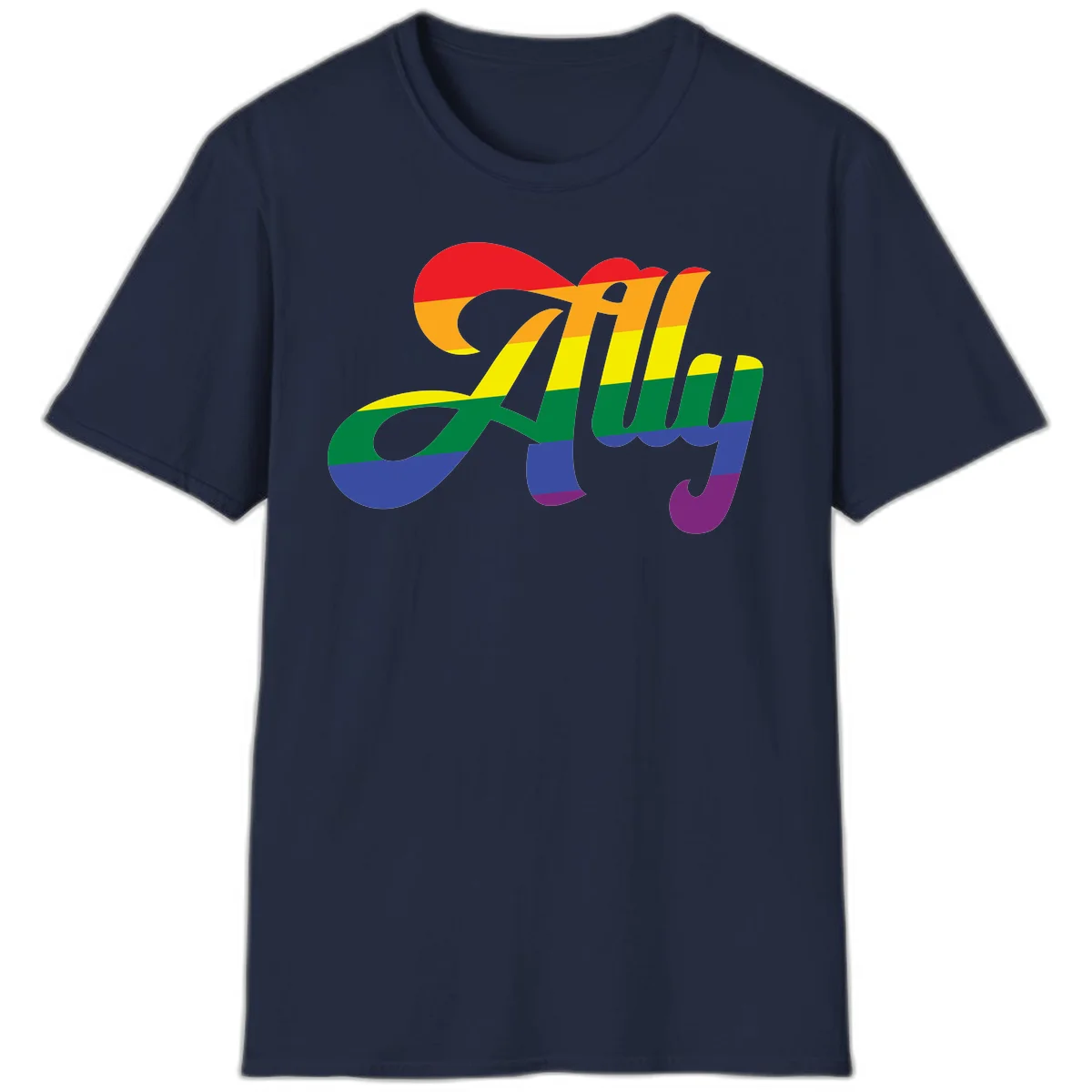 Rainbow pride joy design with striped cursive lettering and colorful sun motif in Navy