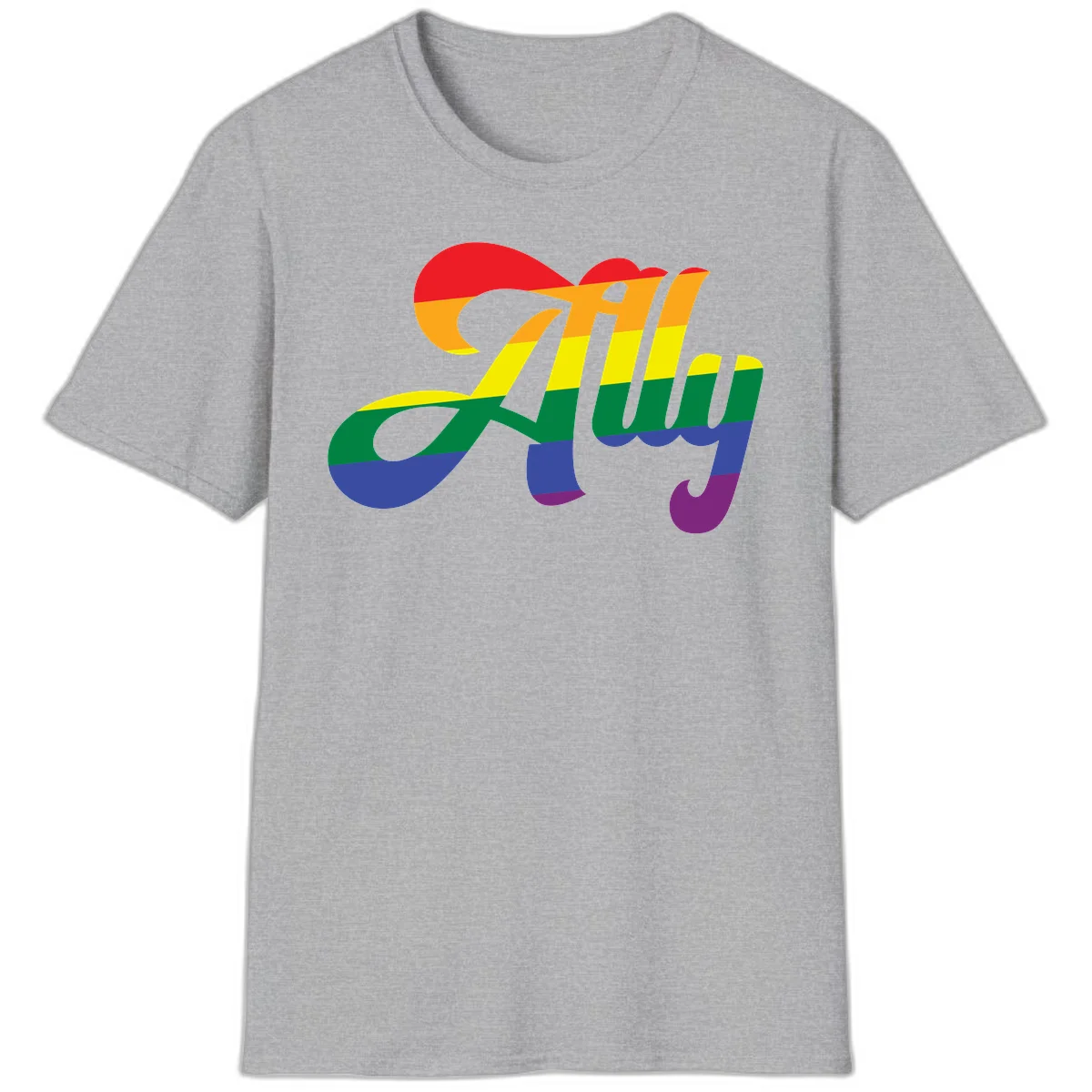 Rainbow pride joy design with striped cursive lettering and colorful sun motif in Sport Grey