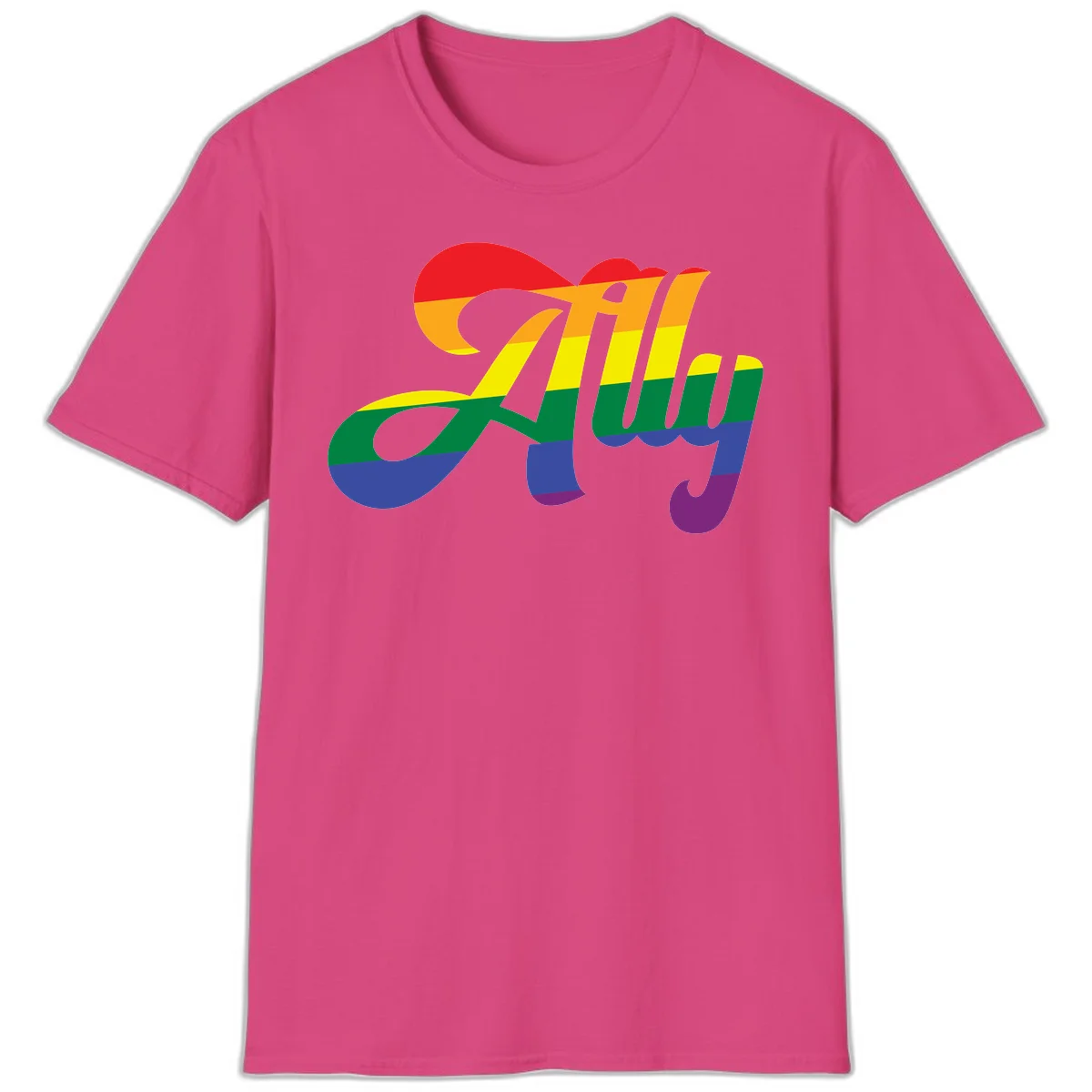 Rainbow pride joy design with striped cursive lettering and colorful sun motif in Heliconia