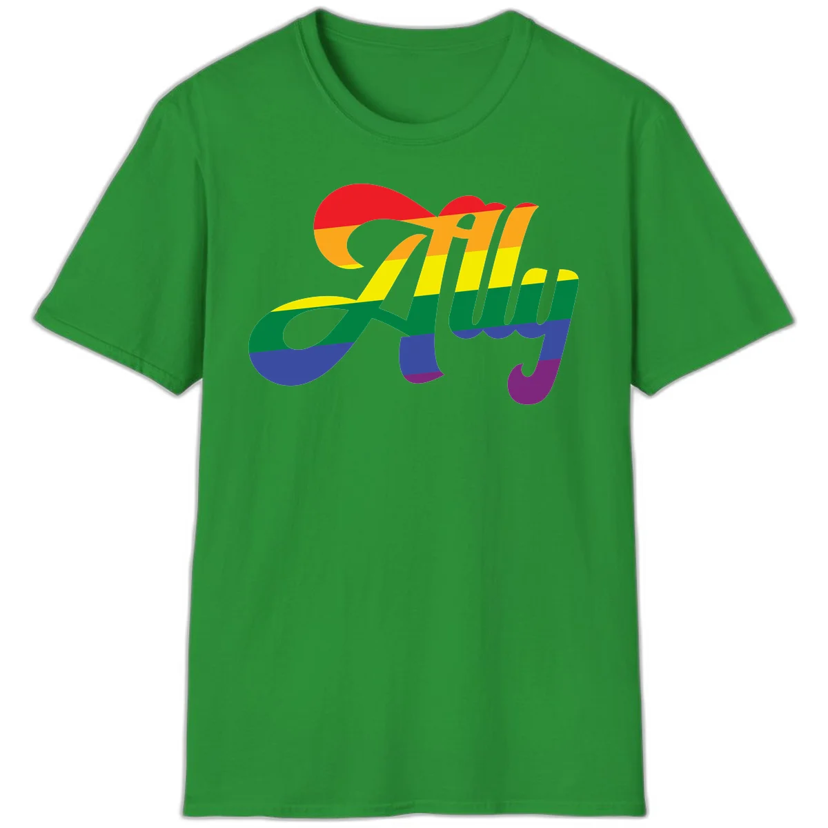 Rainbow pride joy design with striped cursive lettering and colorful sun motif in Irish Green